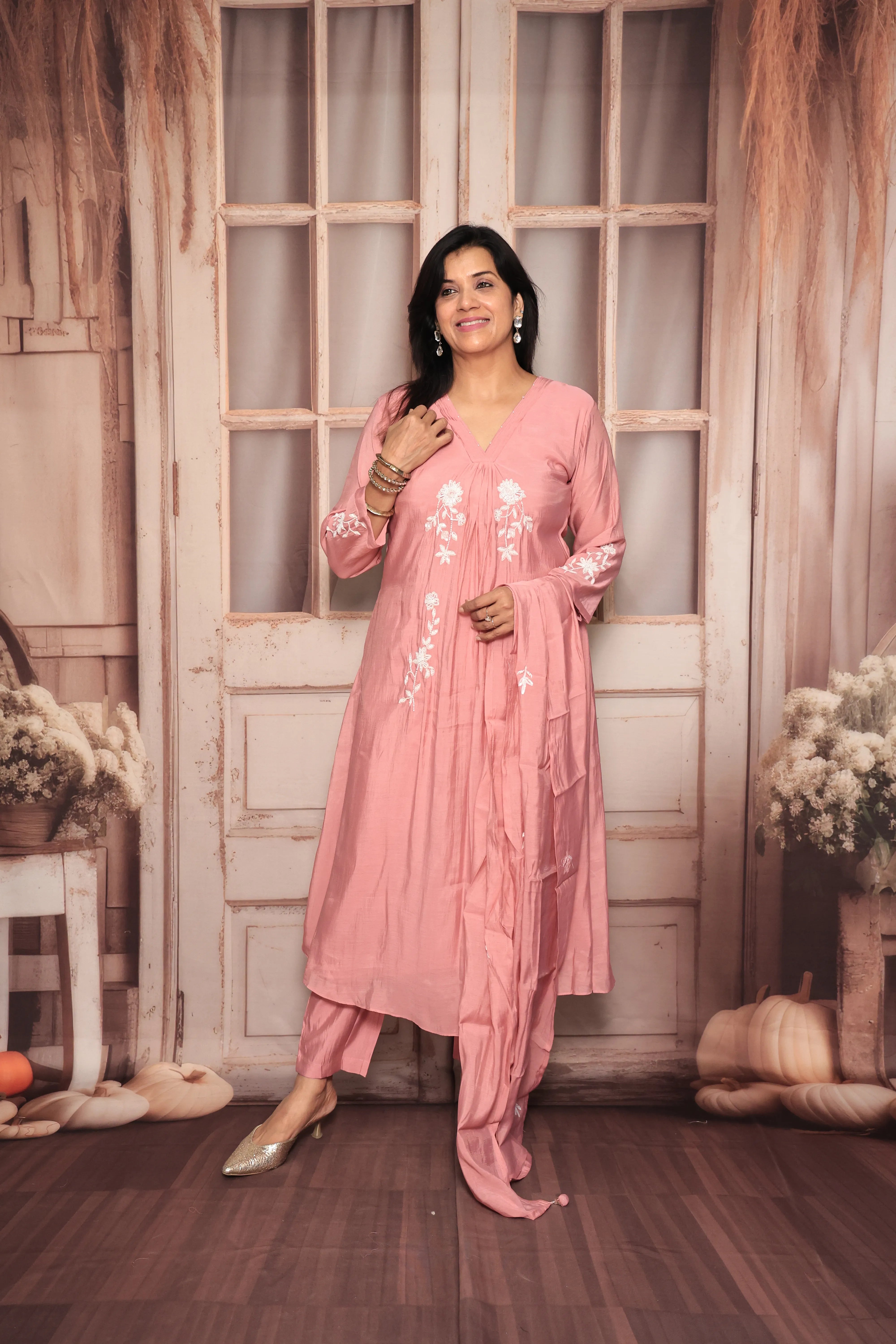Thulian Pink A-Line Kurta Pant Dupatta Set | Pearl Work | Pure Mul Chanderi