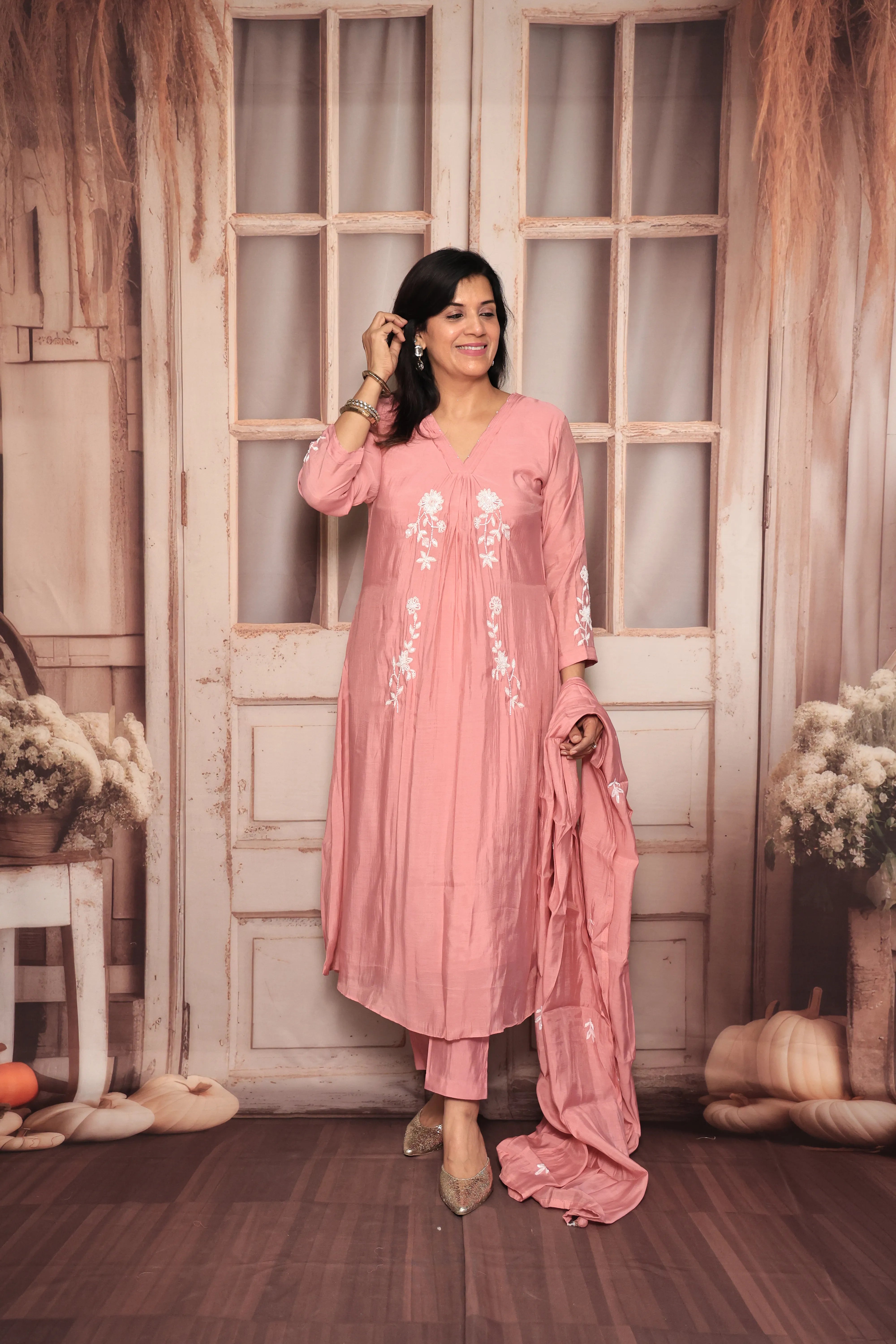 Thulian Pink A-Line Kurta Pant Dupatta Set | Pearl Work | Pure Mul Chanderi