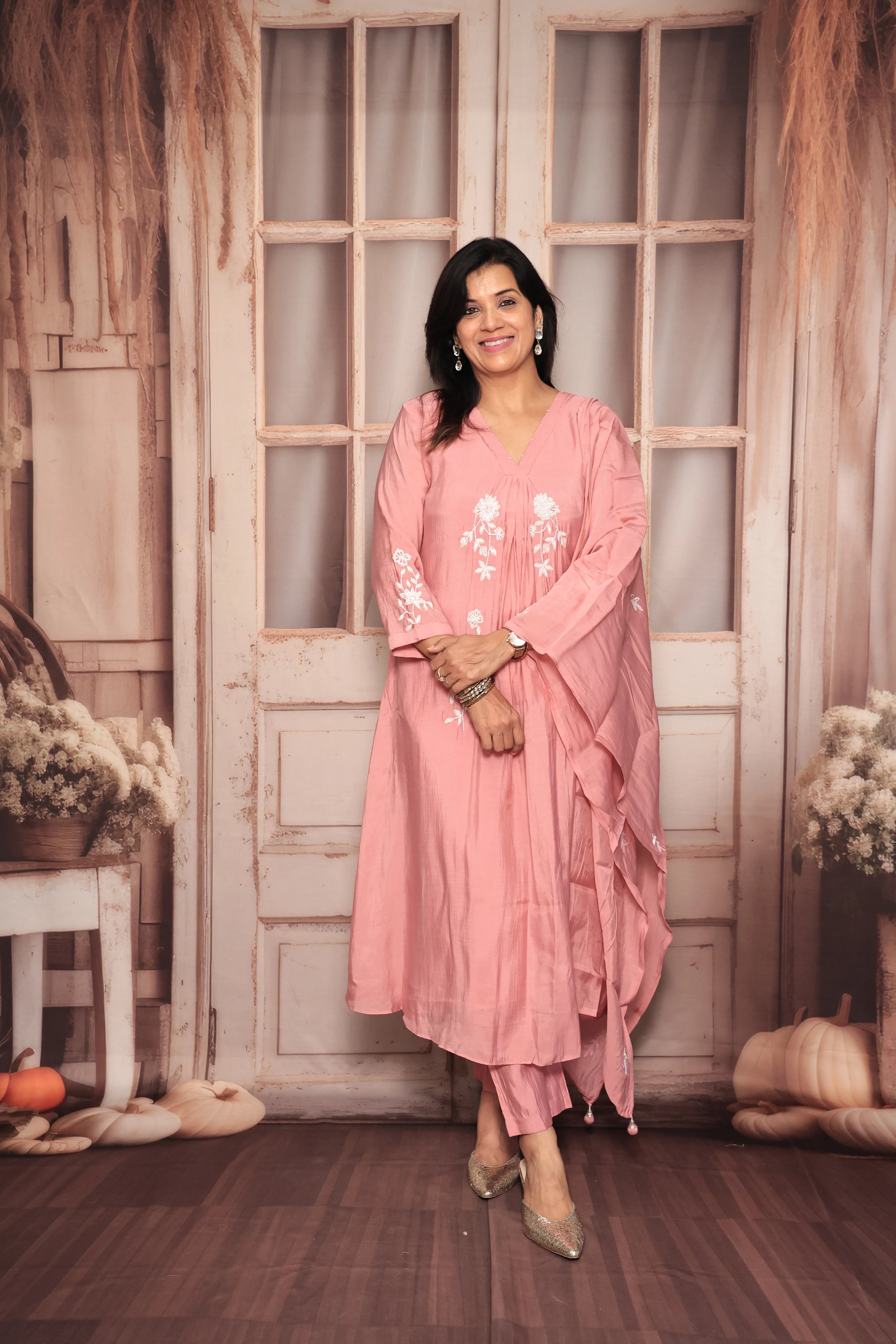 Thulian Pink A-Line Kurta Pant Dupatta Set | Pearl Work | Pure Mul Chanderi