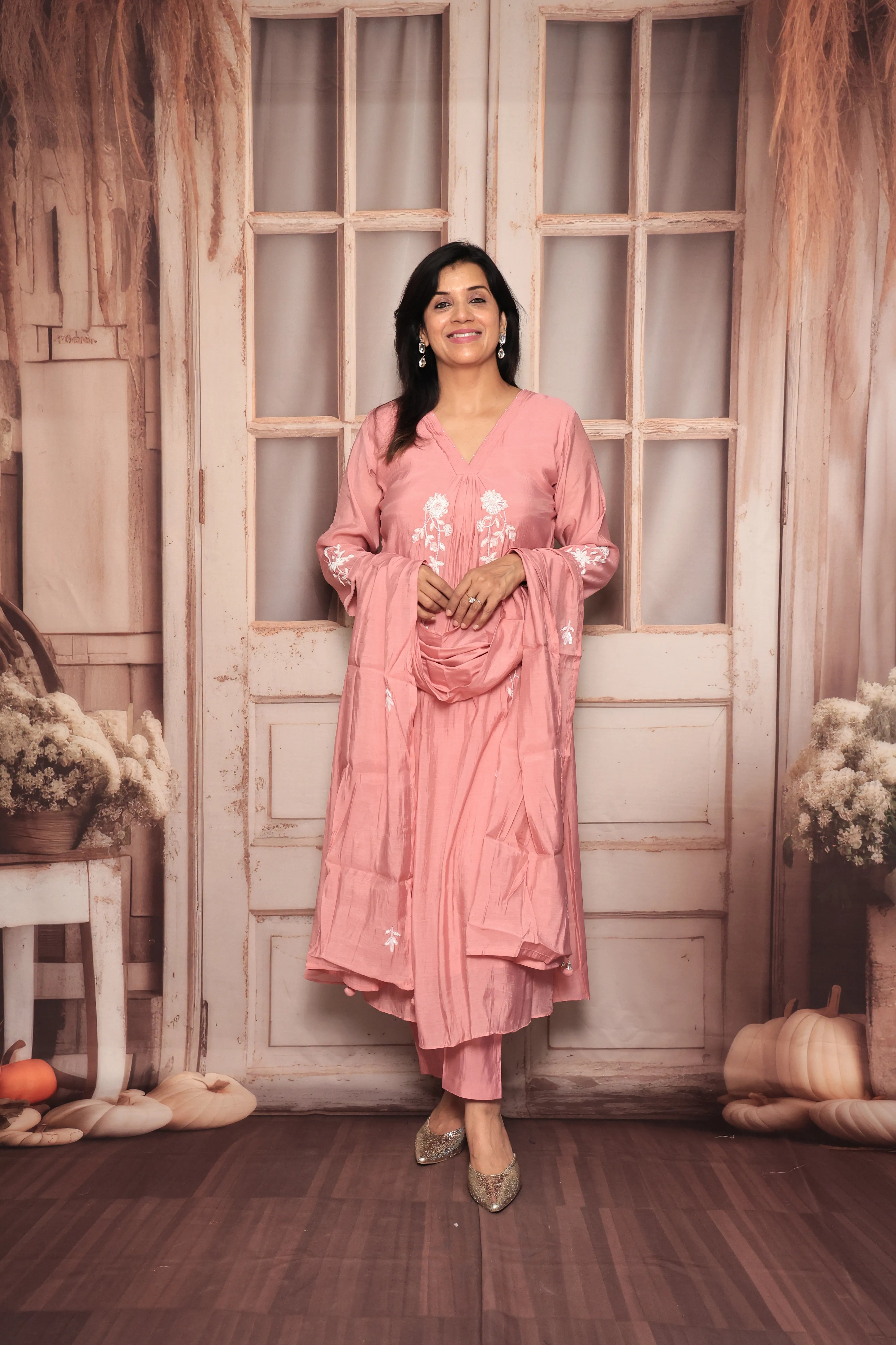 Thulian Pink A-Line Kurta Pant Dupatta Set | Pearl Work | Pure Mul Chanderi