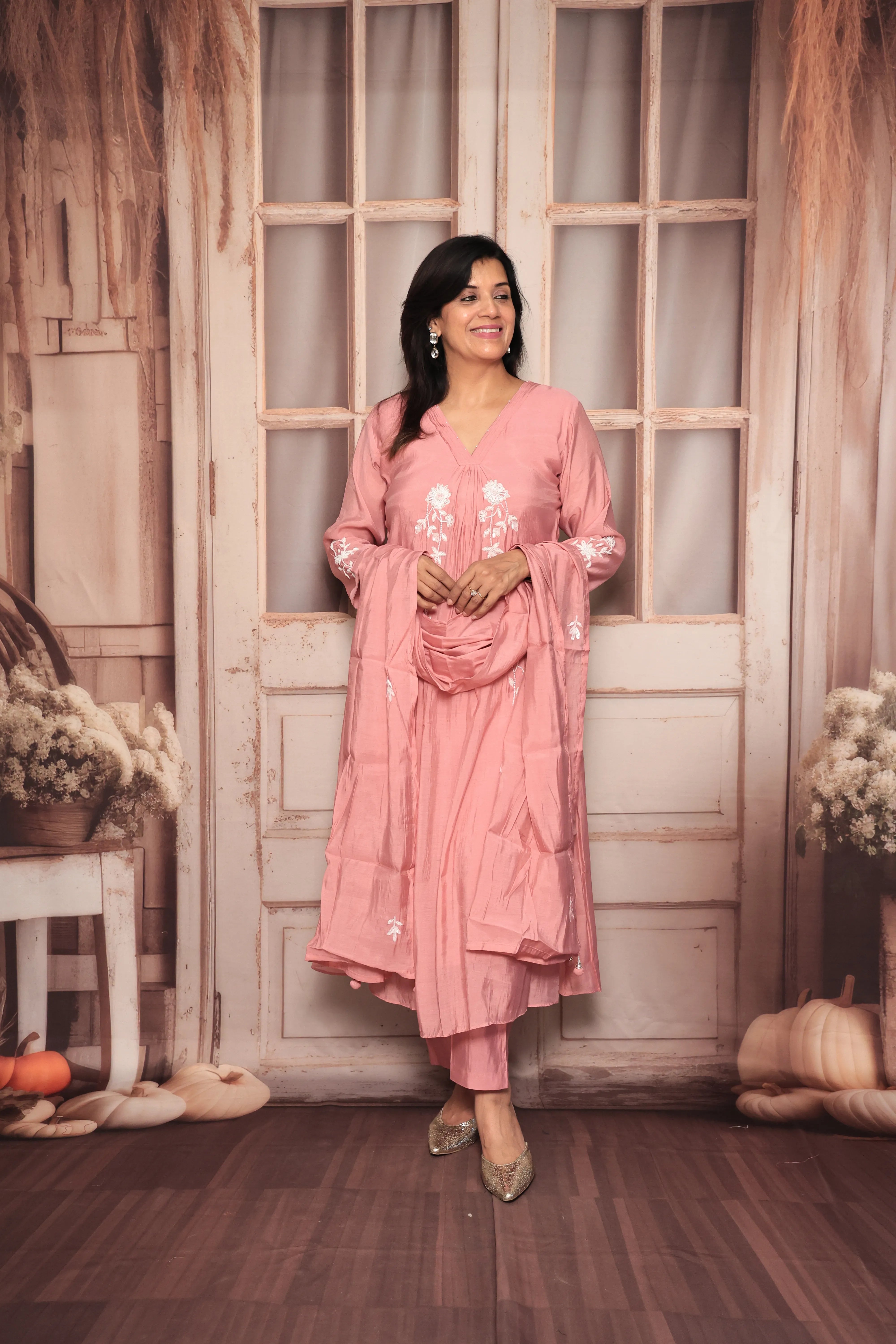 Thulian Pink A-Line Kurta Pant Dupatta Set | Pearl Work | Pure Mul Chanderi
