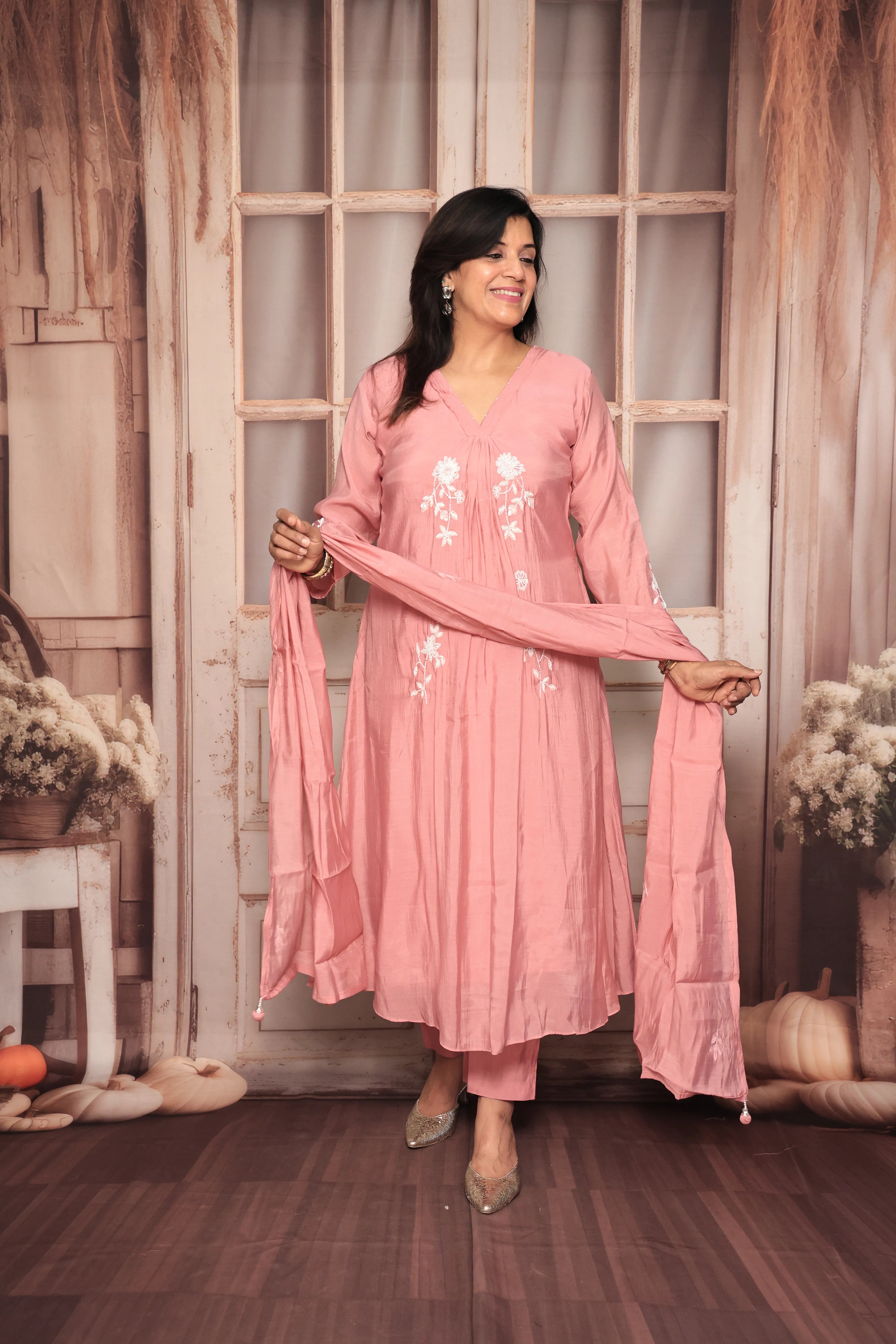 Thulian Pink A-Line Kurta Pant Dupatta Set | Pearl Work | Pure Mul Chanderi