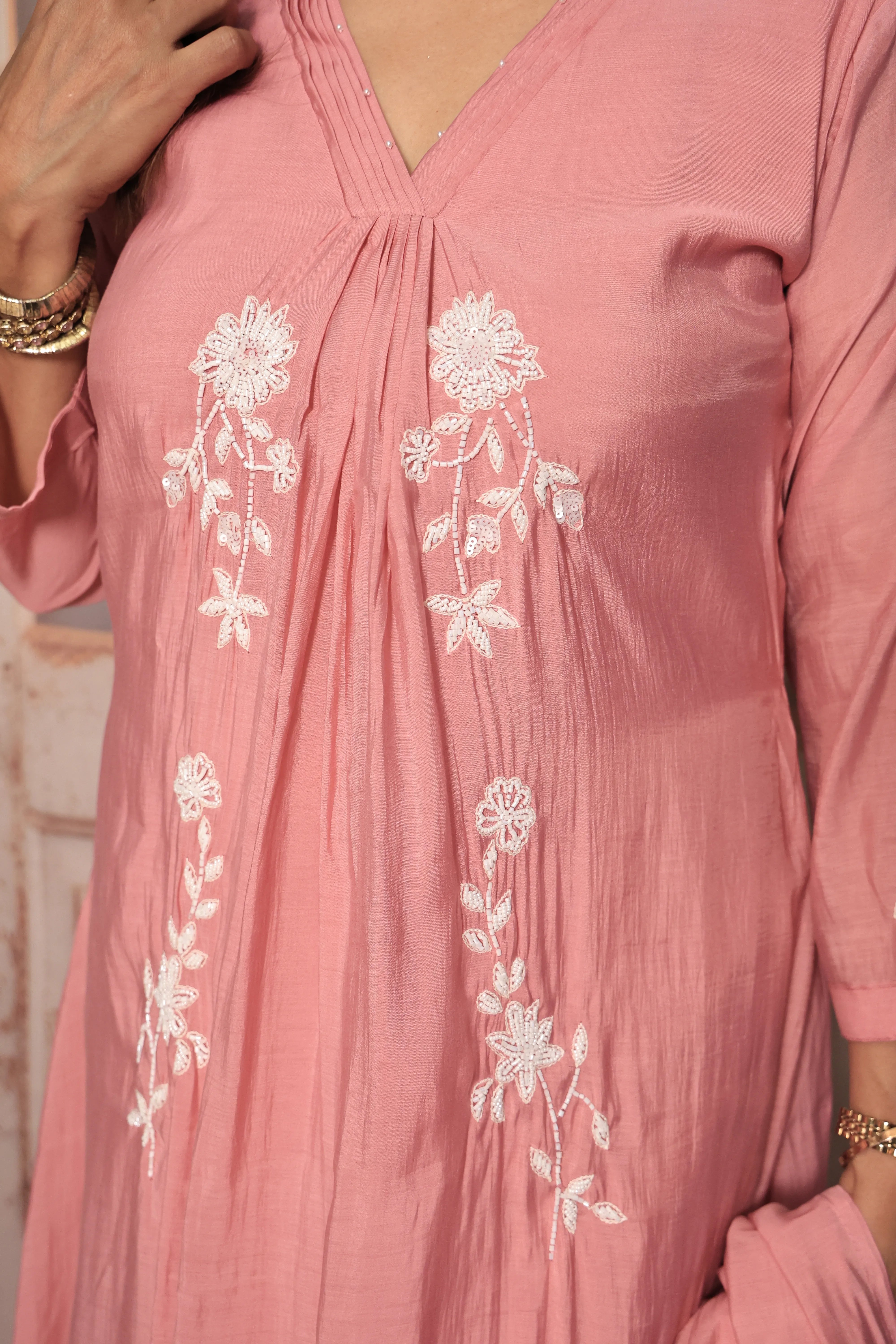 Thulian Pink A-Line Kurta Pant Dupatta Set | Pearl Work | Pure Mul Chanderi