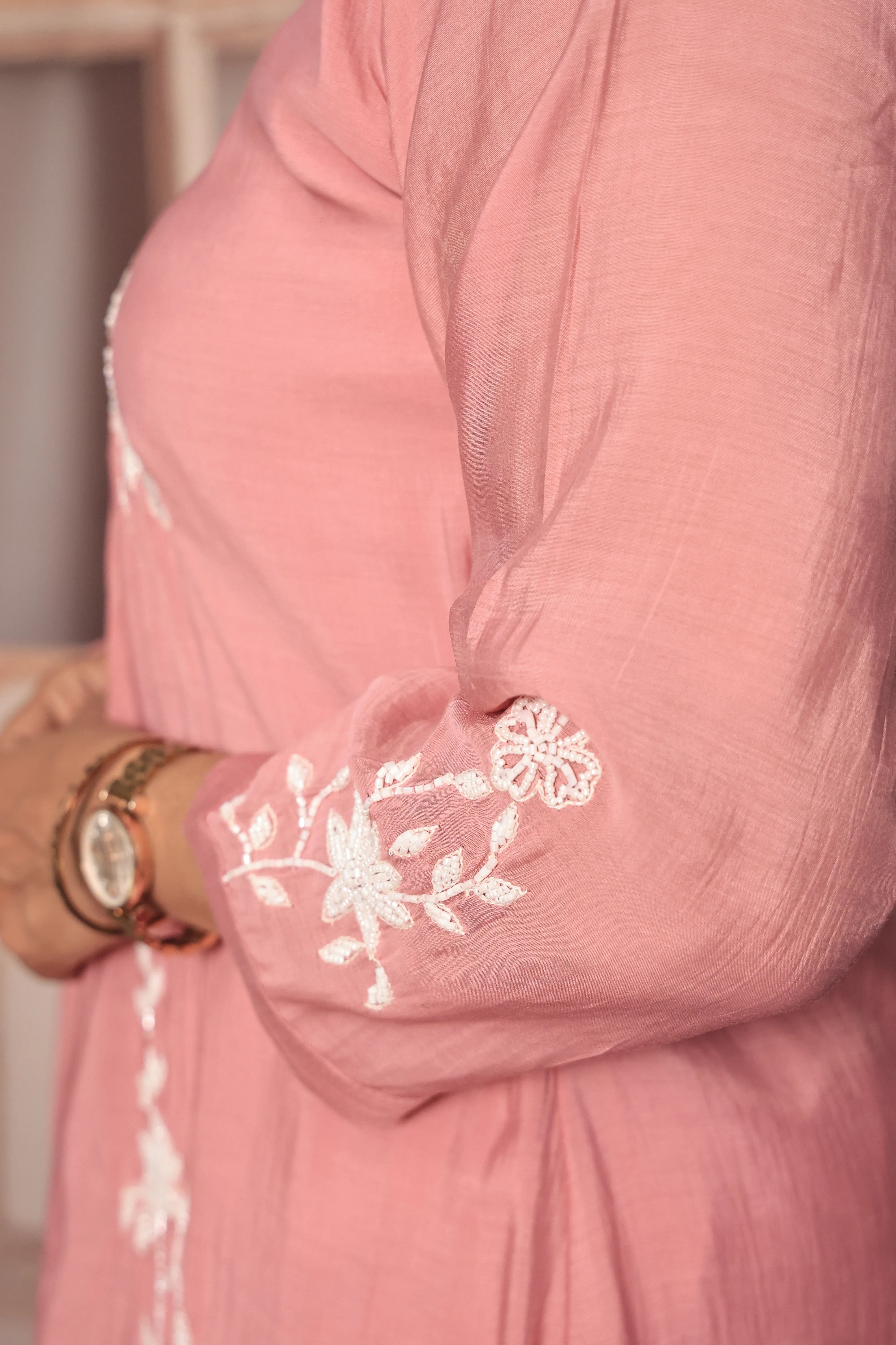 Thulian Pink A-Line Kurta Pant Dupatta Set | Pearl Work | Pure Mul Chanderi
