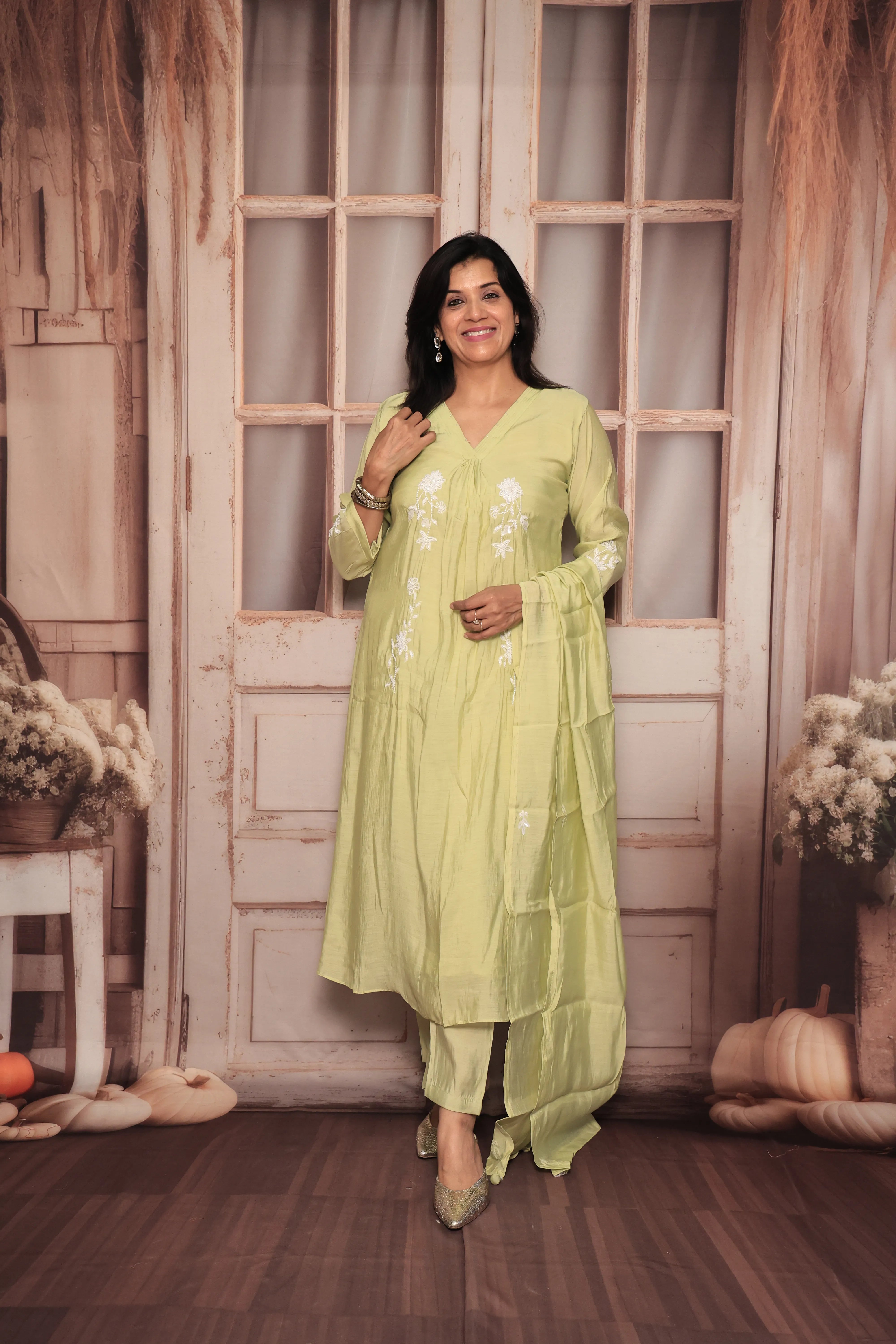 Light Lime Green A-Line Kurta Pant Dupatta Set | Pearl Work | Pure Mul Chanderi