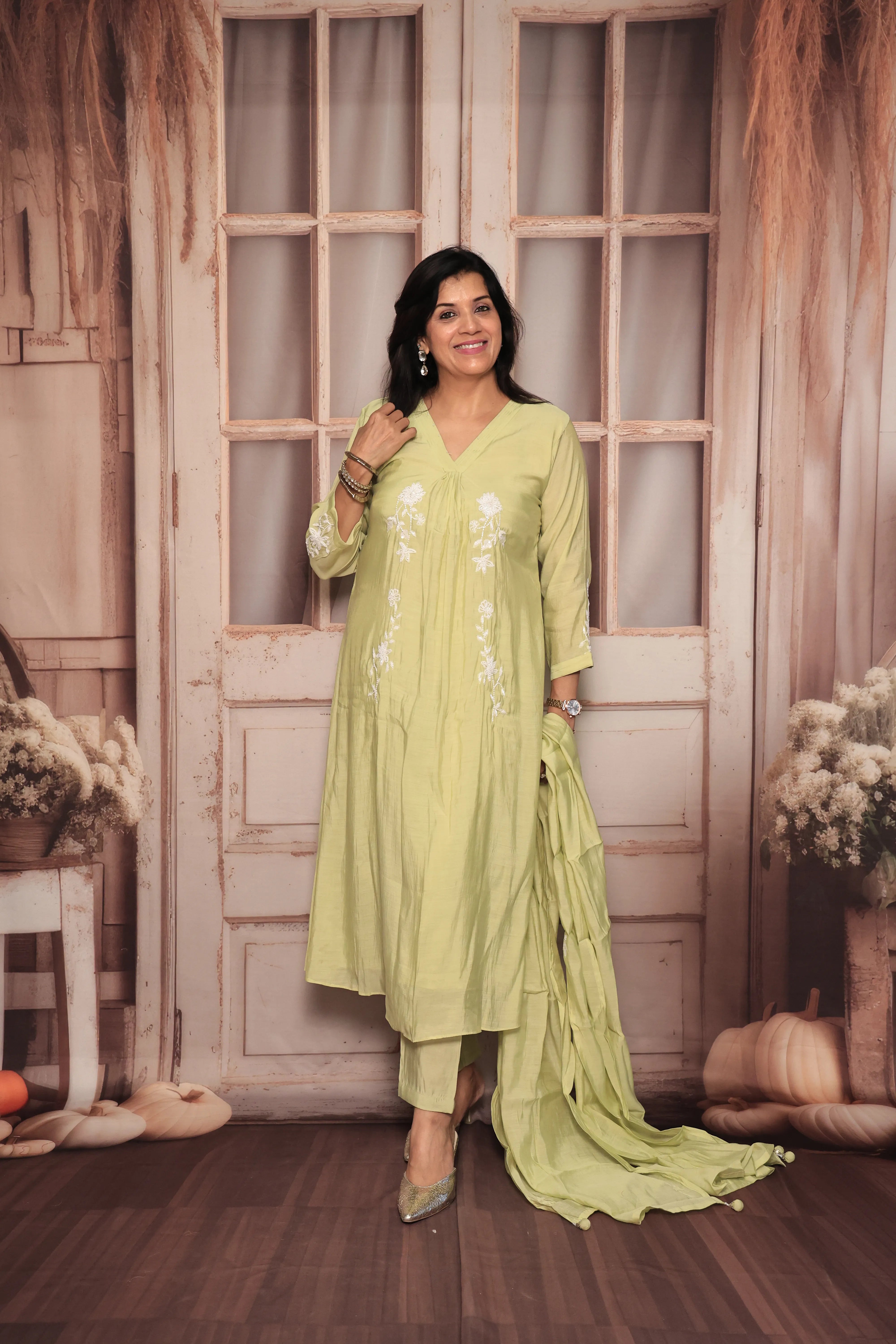 Light Lime Green A-Line Kurta Pant Dupatta Set | Pearl Work | Pure Mul Chanderi