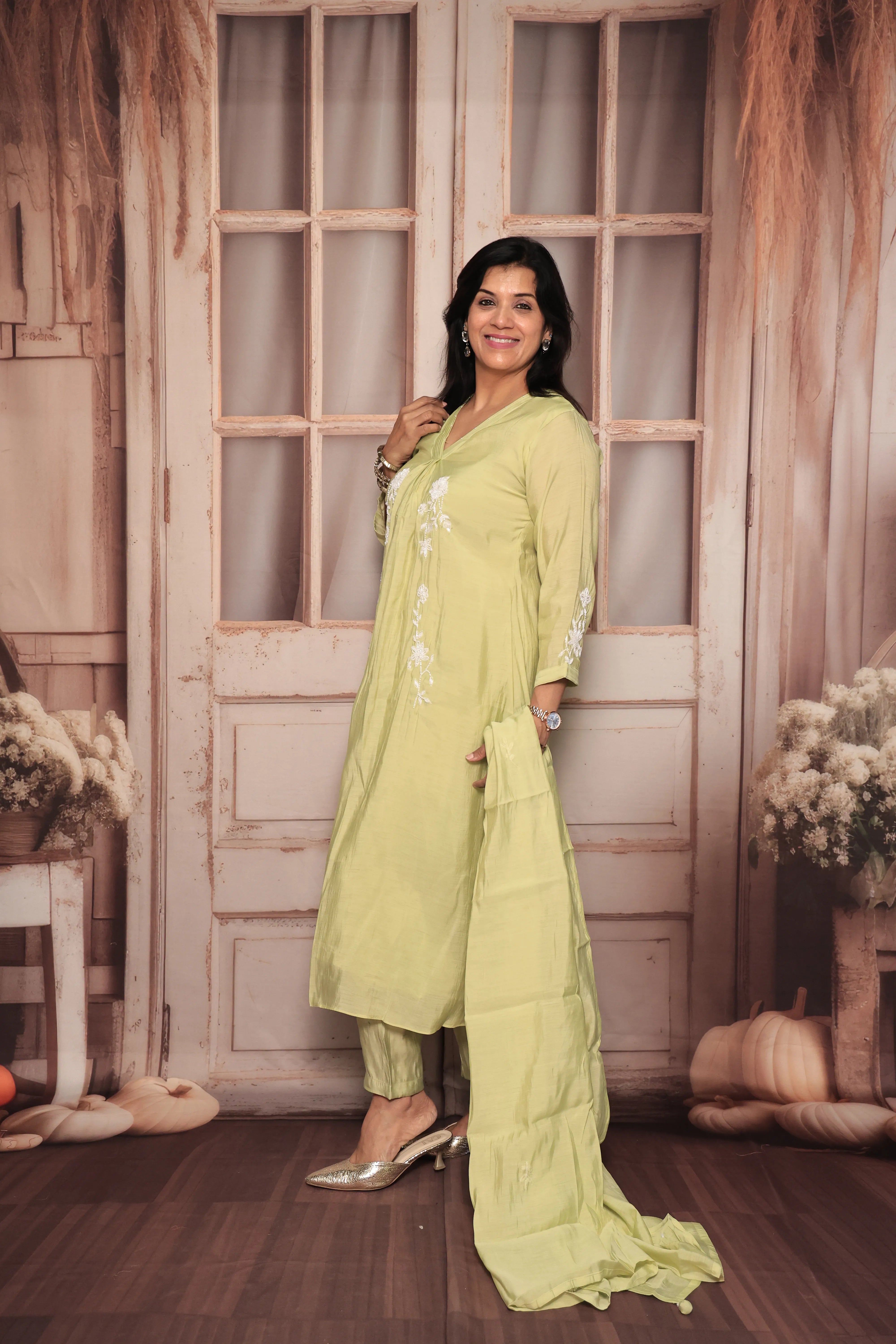 Light Lime Green A-Line Kurta Pant Dupatta Set | Pearl Work | Pure Mul Chanderi