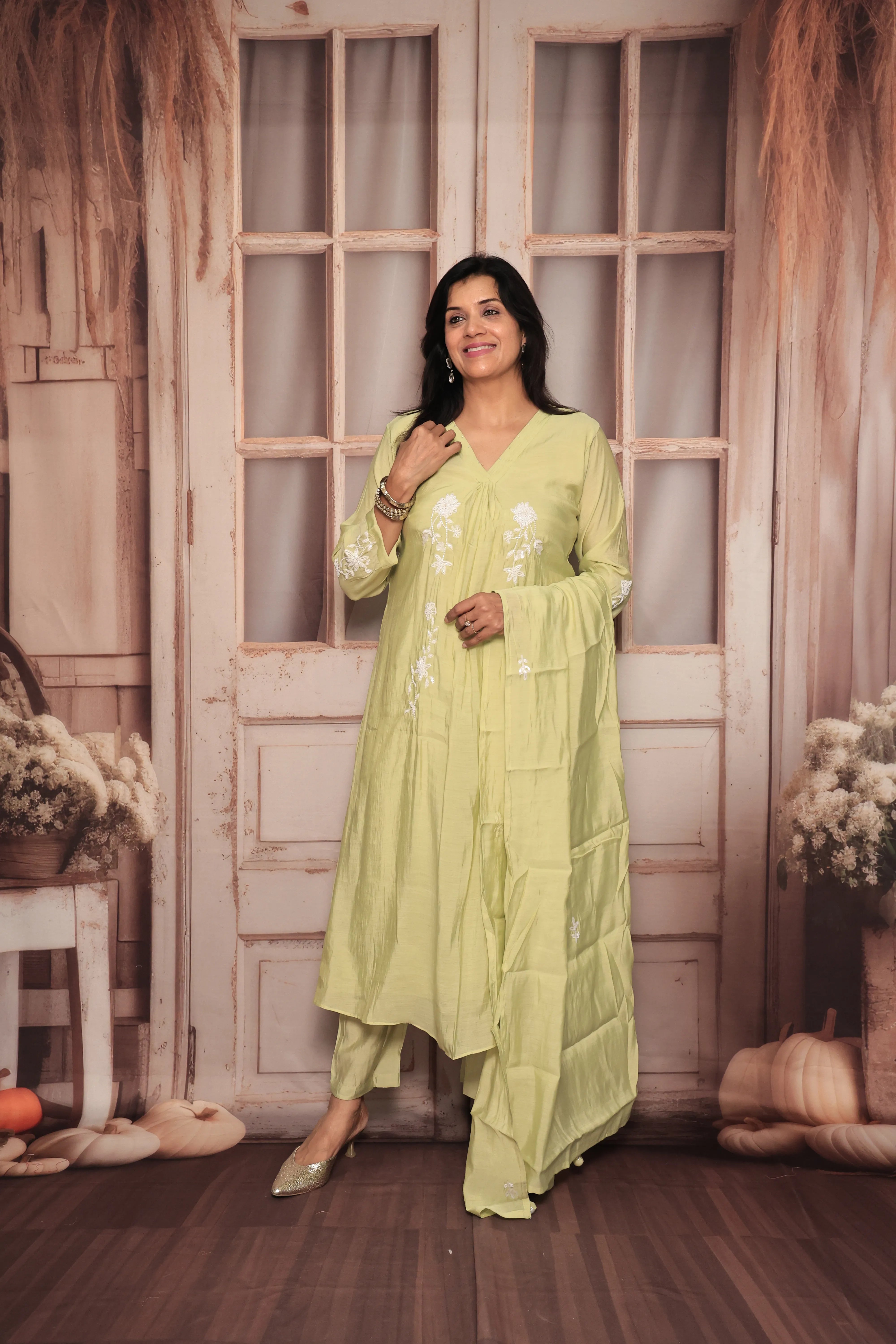 Light Lime Green A-Line Kurta Pant Dupatta Set | Pearl Work | Pure Mul Chanderi
