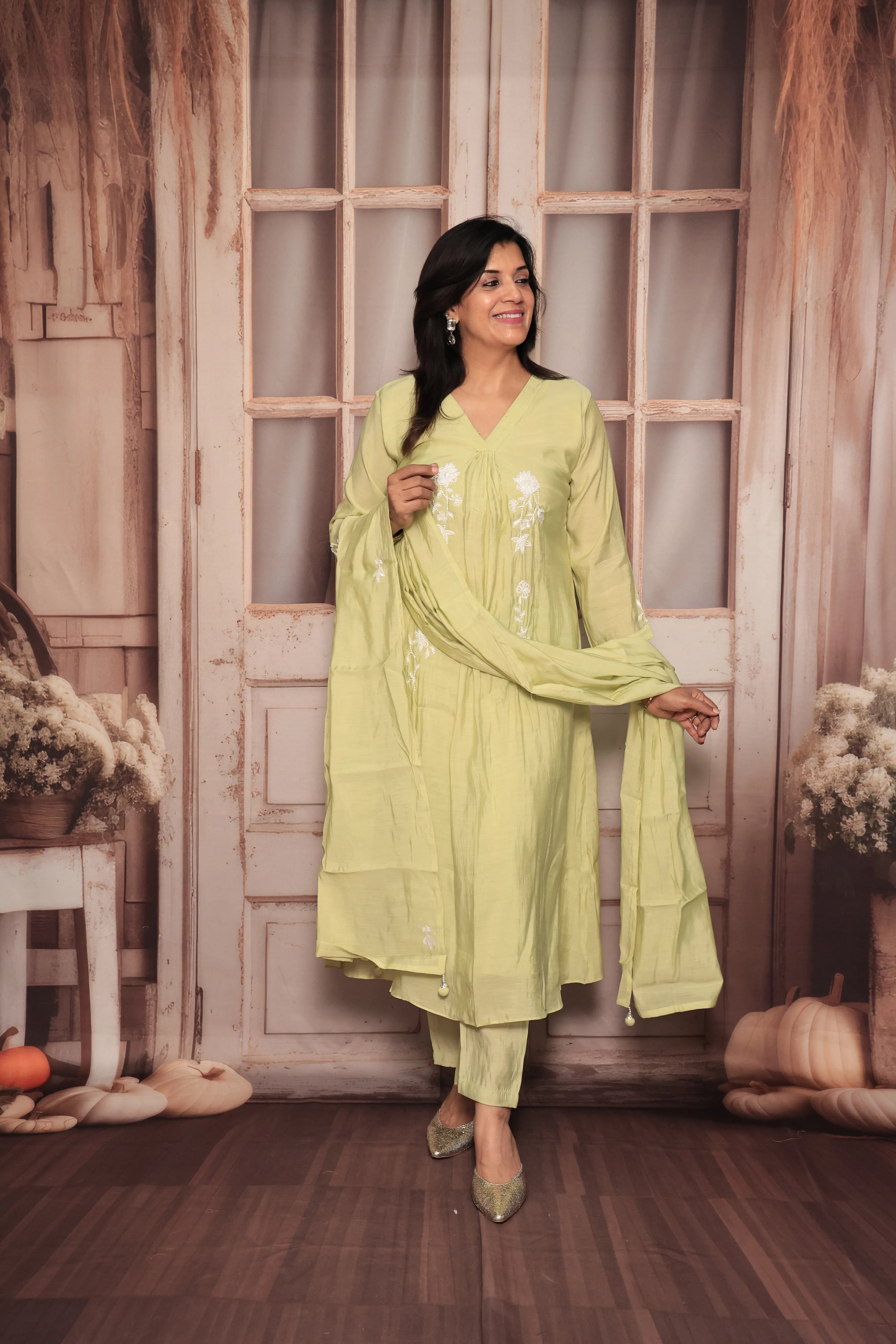 Light Lime Green A-Line Kurta Pant Dupatta Set | Pearl Work | Pure Mul Chanderi