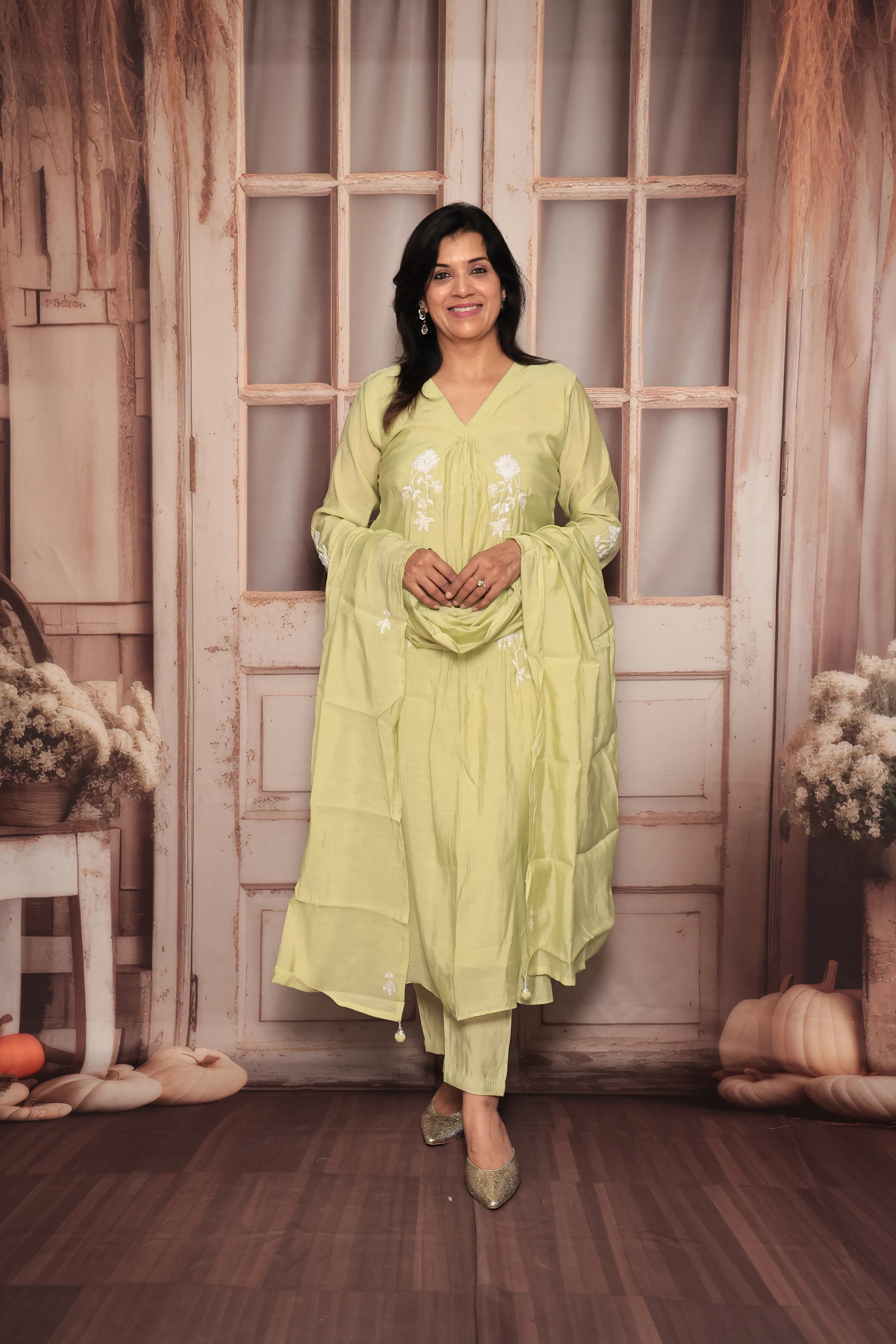 Light Lime Green A-Line Kurta Pant Dupatta Set | Pearl Work | Pure Mul Chanderi