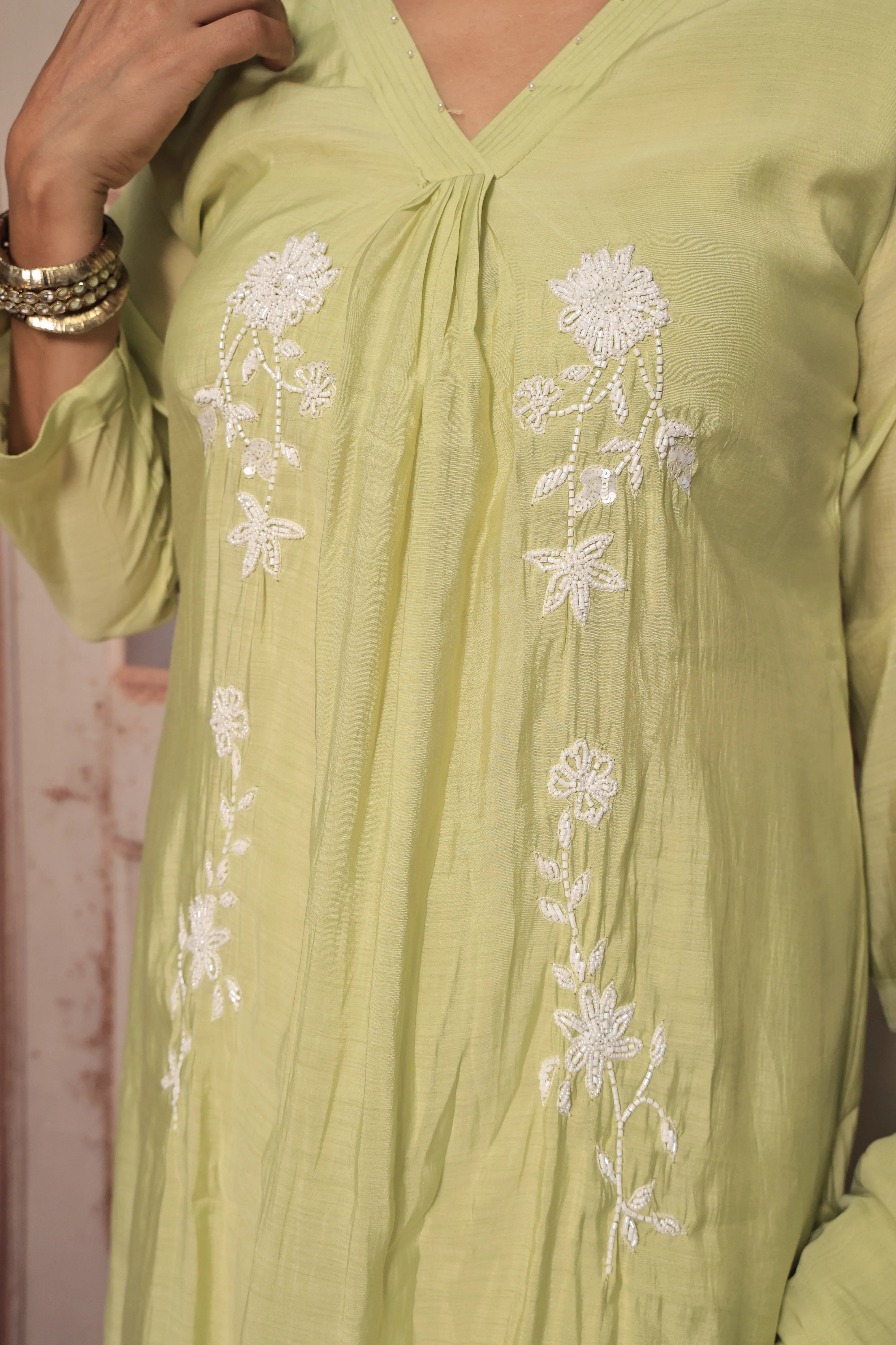 Light Lime Green A-Line Kurta Pant Dupatta Set | Pearl Work | Pure Mul Chanderi