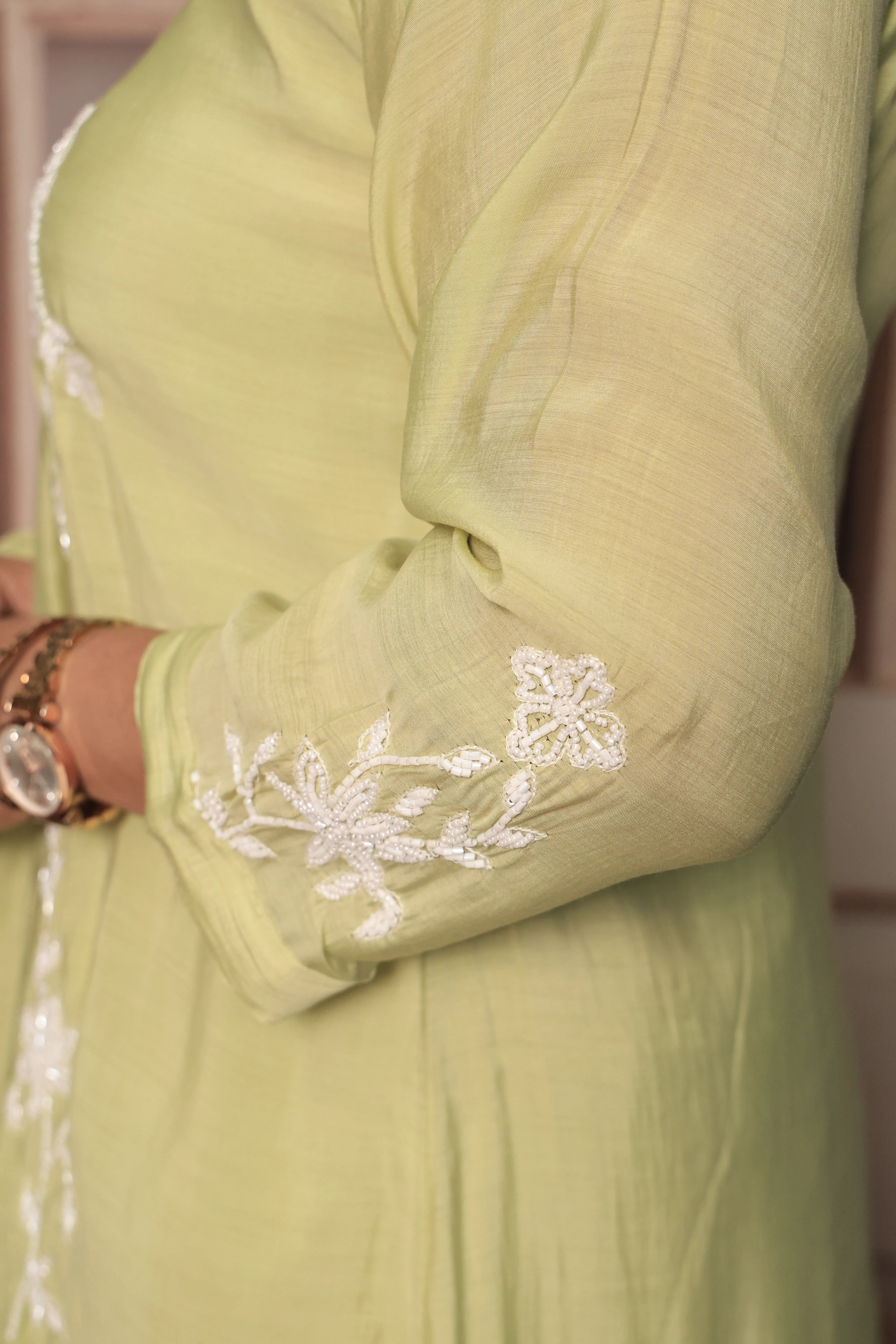 Light Lime Green A-Line Kurta Pant Dupatta Set | Pearl Work | Pure Mul Chanderi