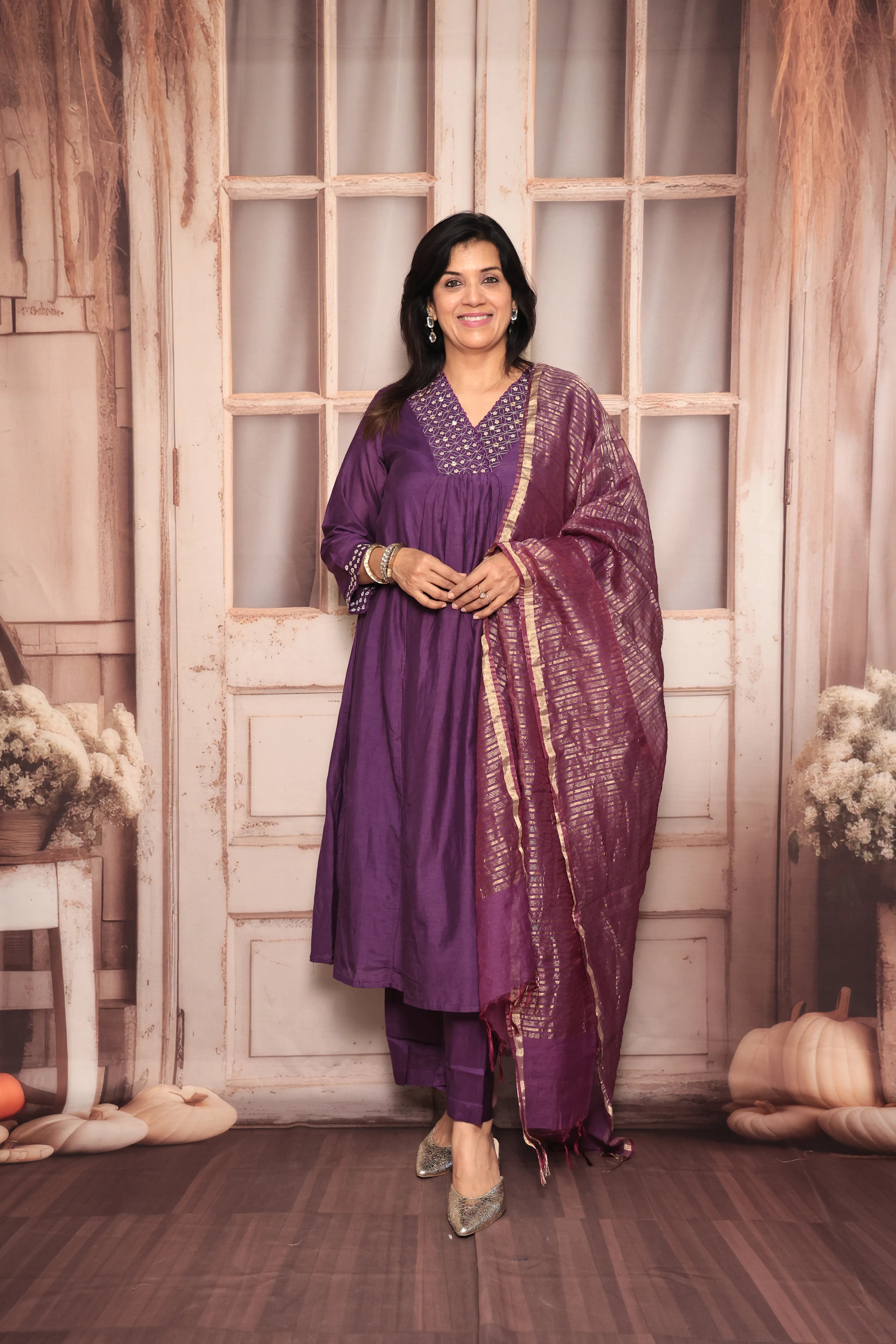 Purple A-Line Kurta Pant Dupatta Set | Yoke Embroidery Work | Pure Banarasi Mul Chanderi
