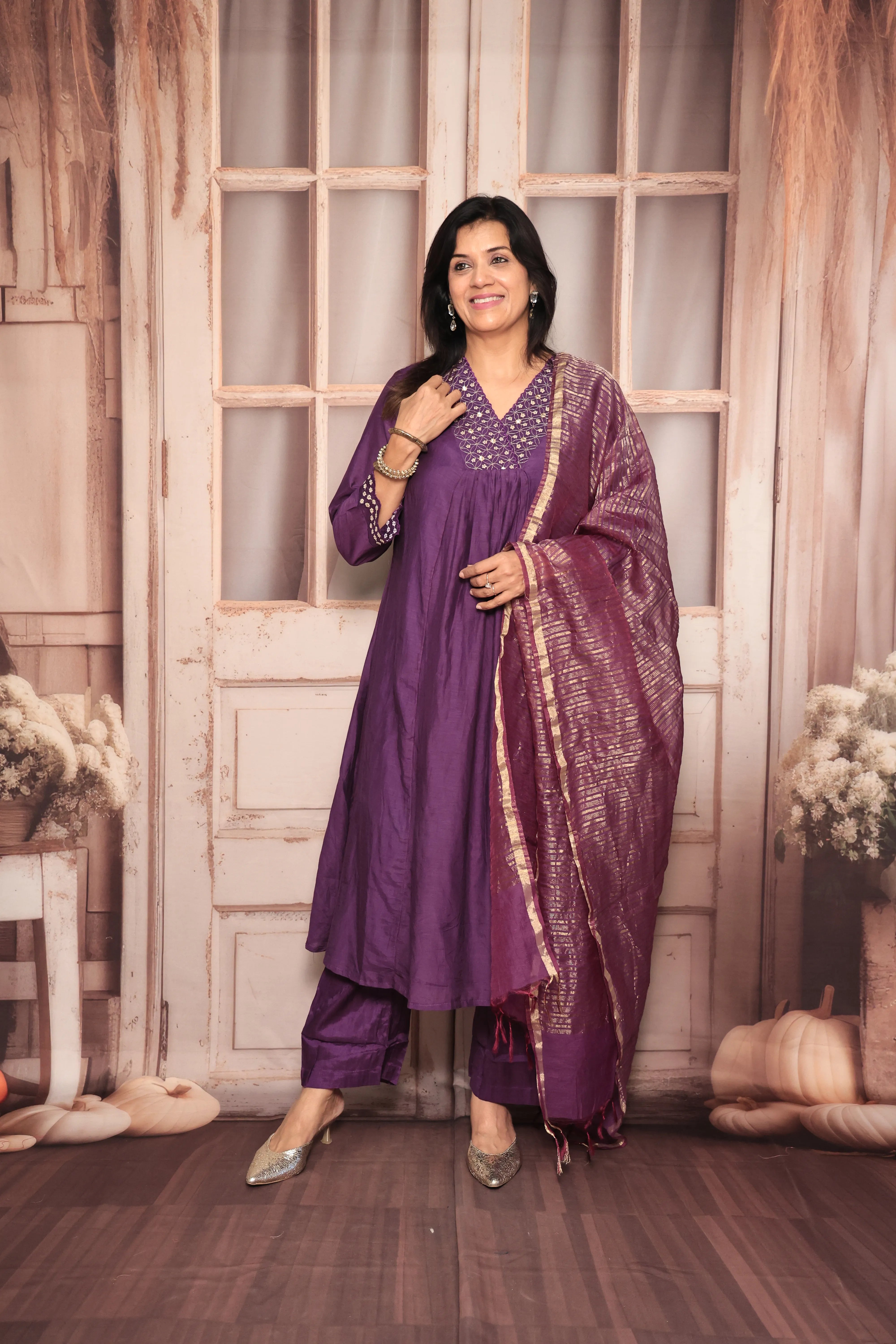 Purple A-Line Kurta Pant Dupatta Set | Yoke Embroidery Work | Pure Banarasi Mul Chanderi