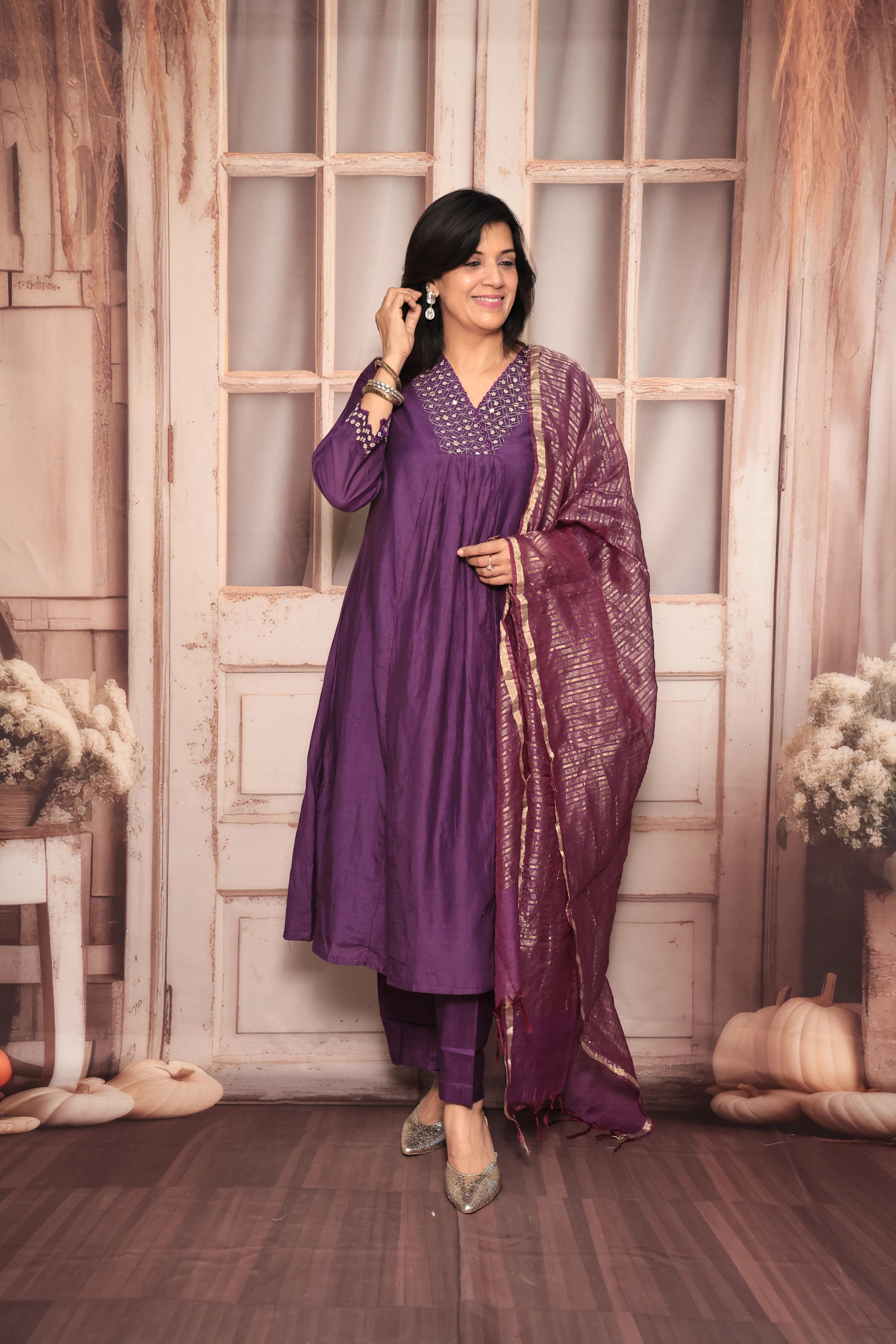 Purple A-Line Kurta Pant Dupatta Set | Yoke Embroidery Work | Pure Banarasi Mul Chanderi