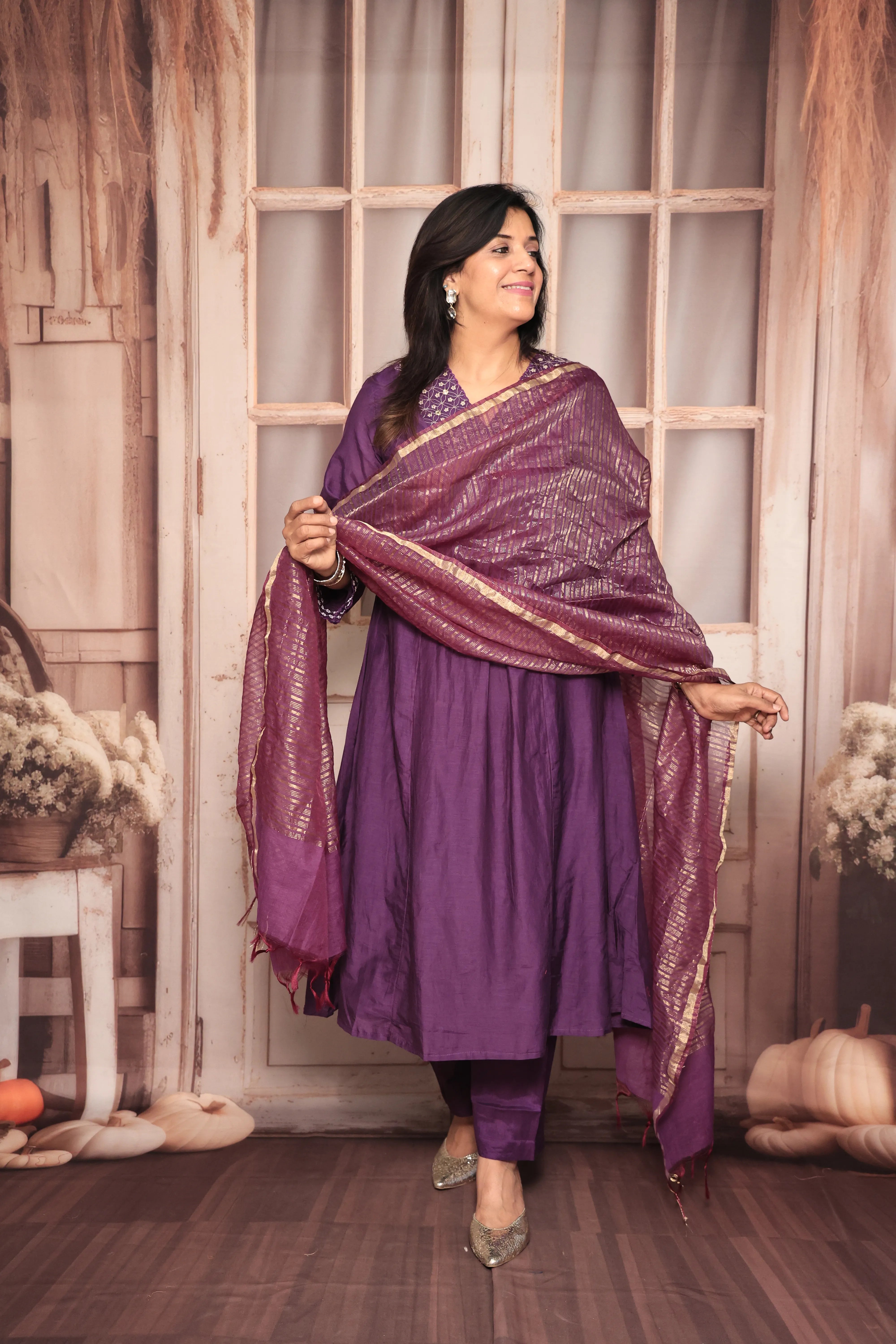Purple A-Line Kurta Pant Dupatta Set | Yoke Embroidery Work | Pure Banarasi Mul Chanderi