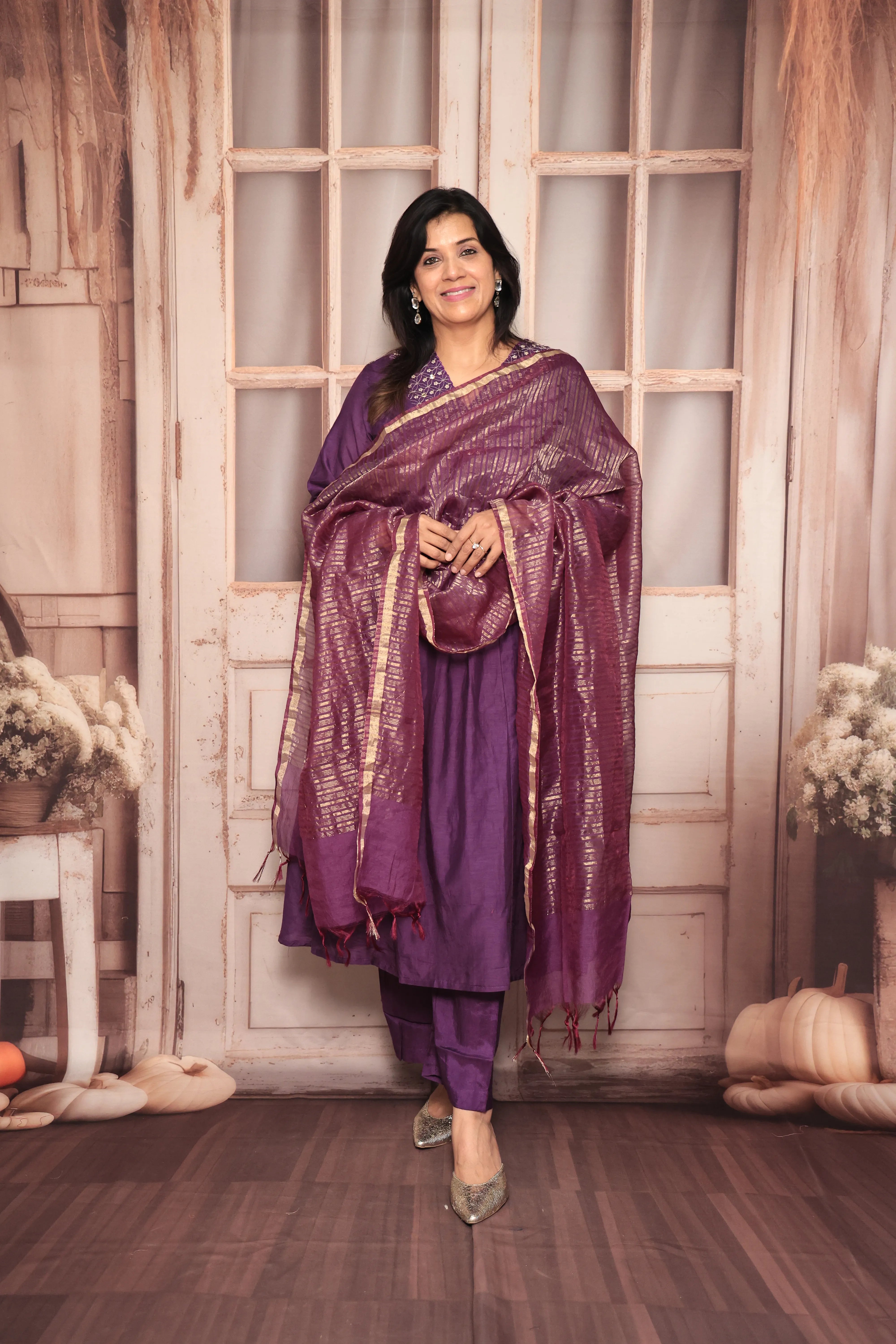 Purple A-Line Kurta Pant Dupatta Set | Yoke Embroidery Work | Pure Banarasi Mul Chanderi