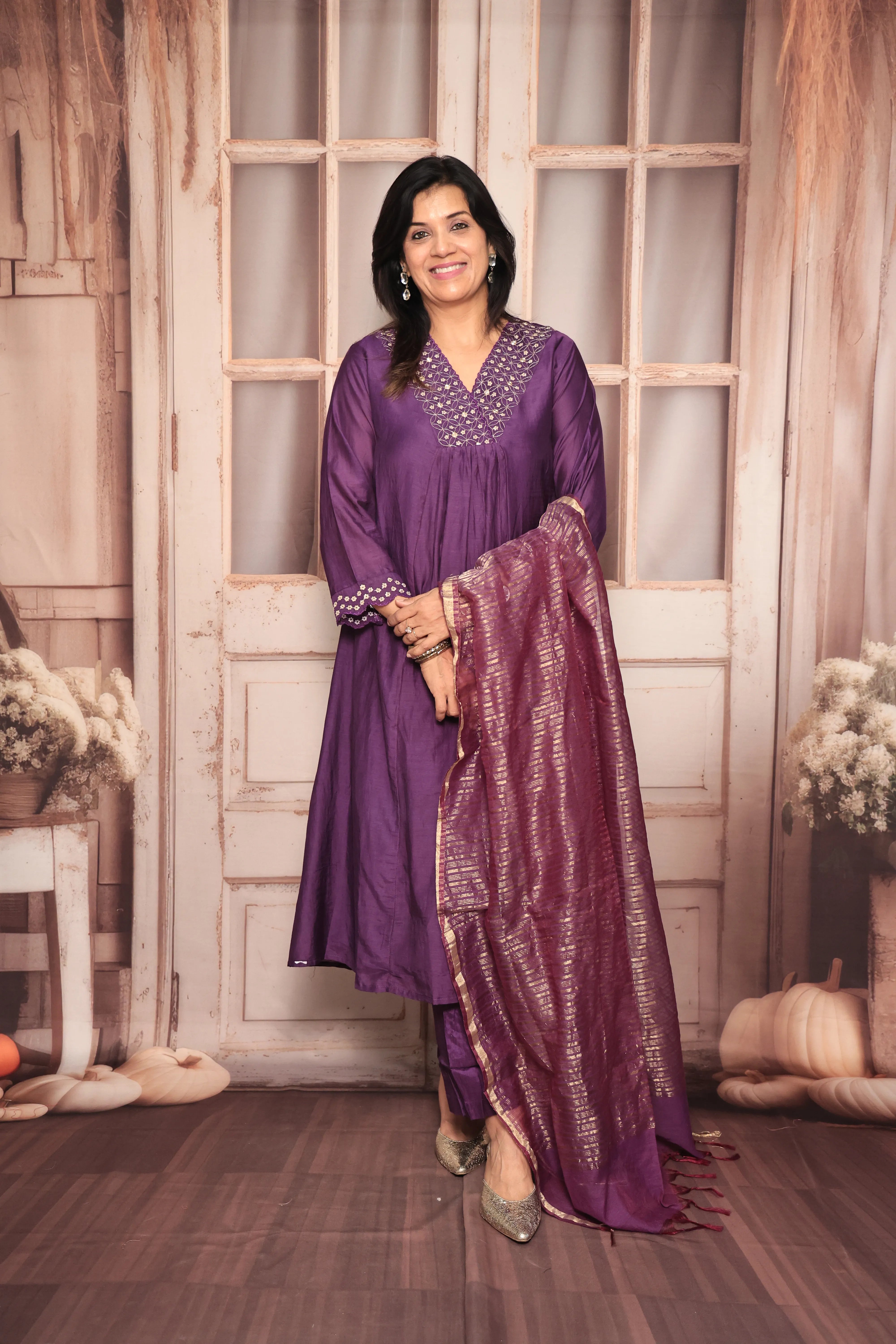 Purple A-Line Kurta Pant Dupatta Set | Yoke Embroidery Work | Pure Banarasi Mul Chanderi