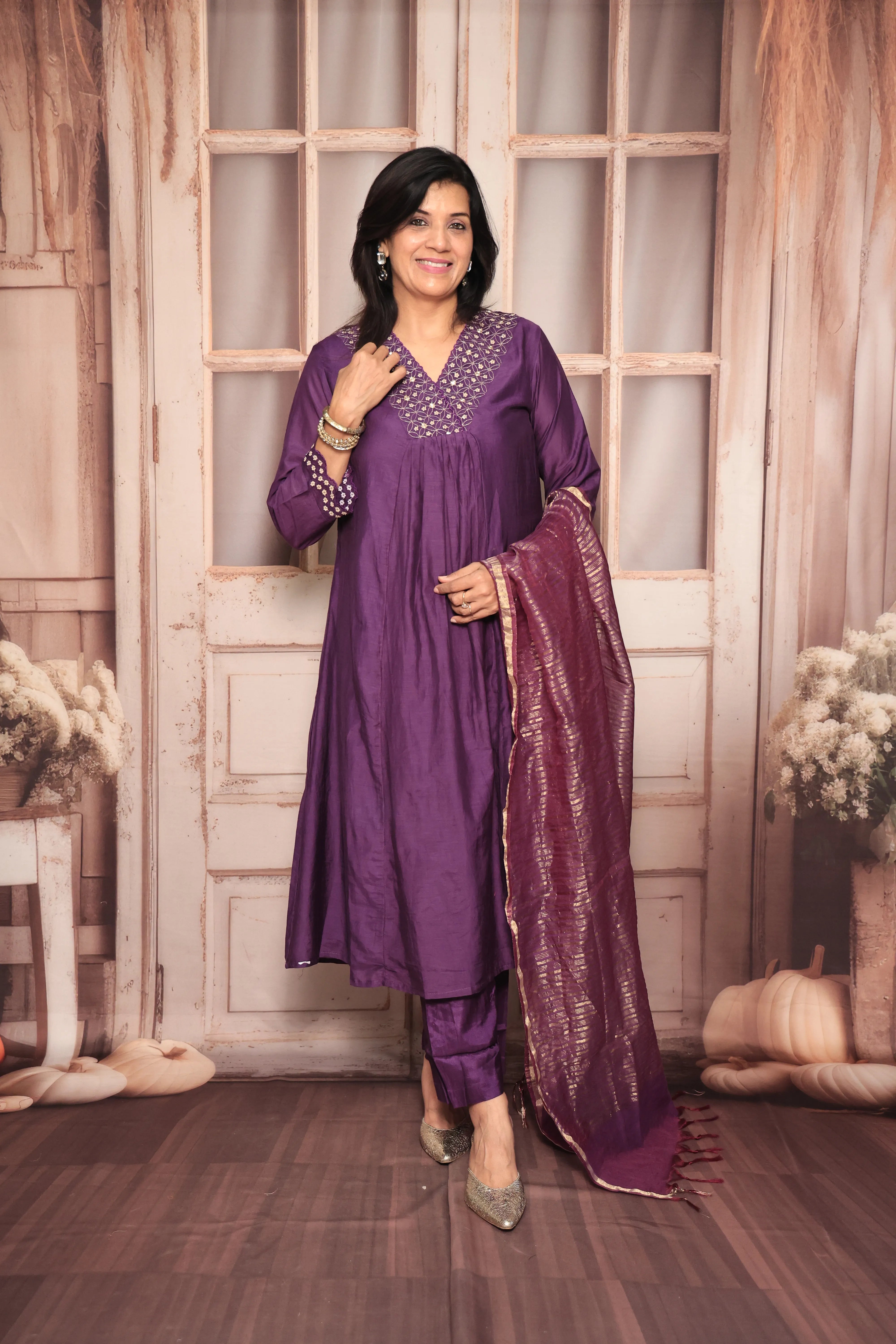 Purple A-Line Kurta Pant Dupatta Set | Yoke Embroidery Work | Pure Banarasi Mul Chanderi