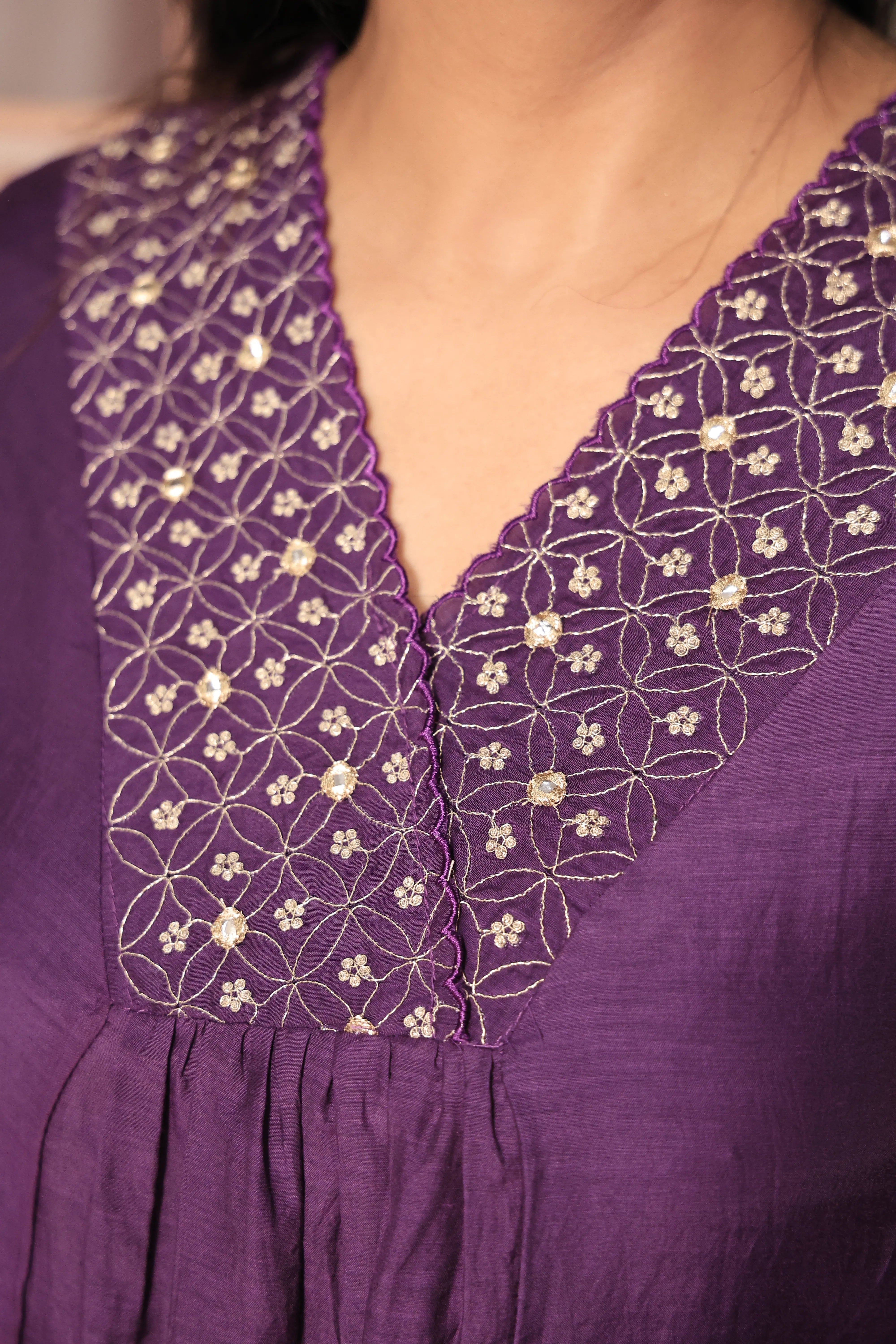 Purple A-Line Kurta Pant Dupatta Set | Yoke Embroidery Work | Pure Banarasi Mul Chanderi