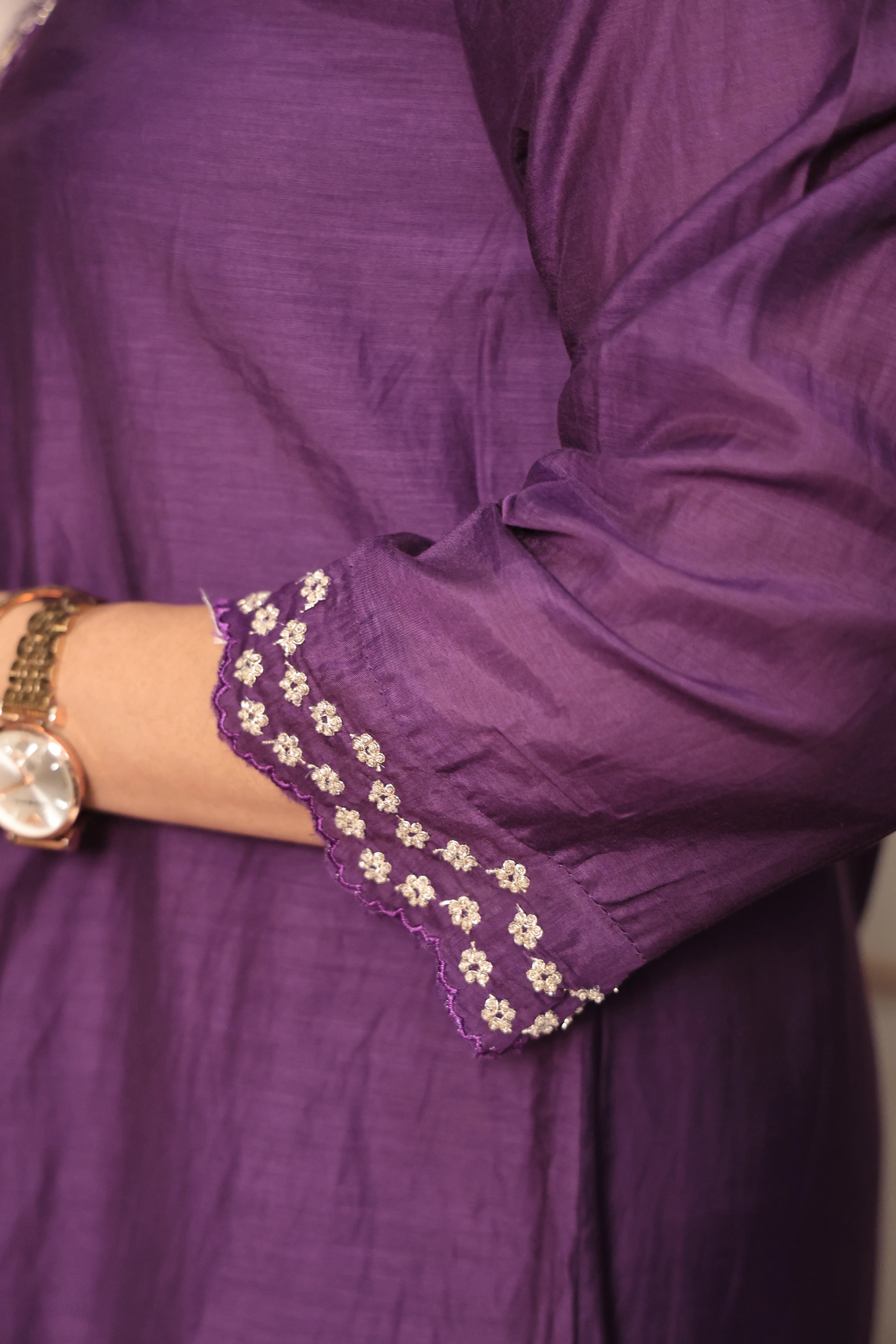 Purple A-Line Kurta Pant Dupatta Set | Yoke Embroidery Work | Pure Banarasi Mul Chanderi