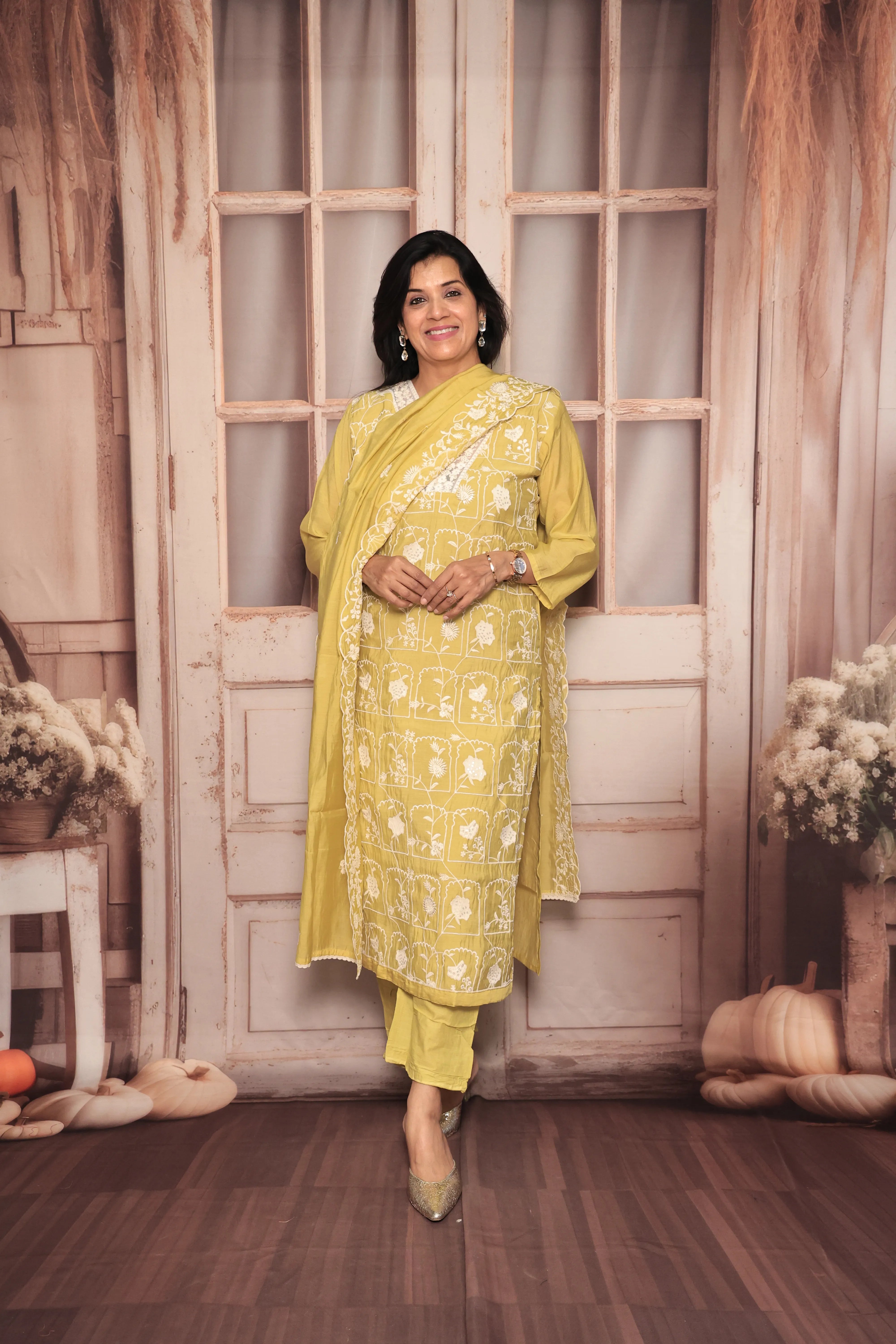 Lemon Yellow Thread Embroidery Kurta Pant Dupatta Set | Sequin & Thread Embroidery | Mul Chanderi
