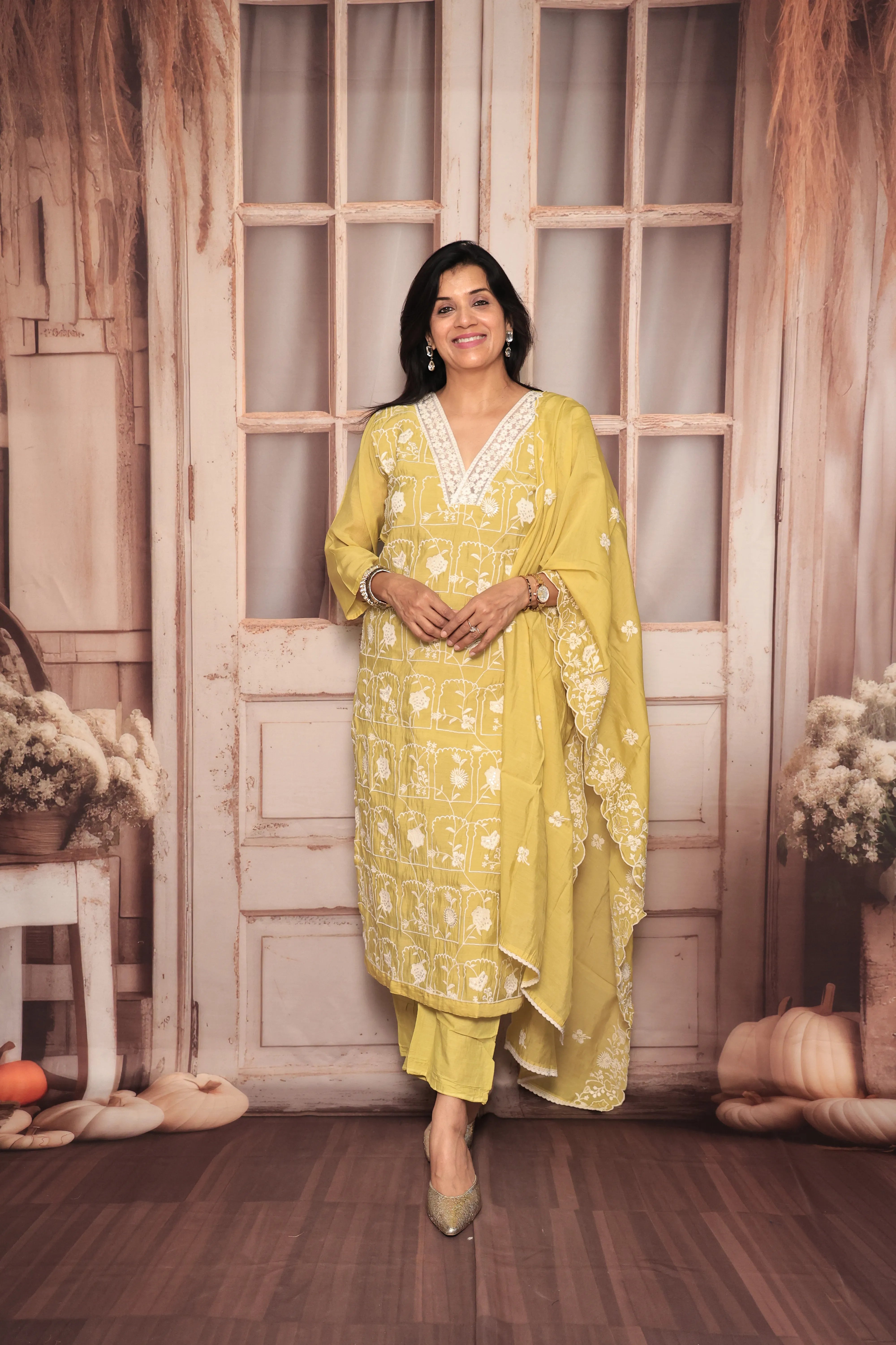 Lemon Yellow Thread Embroidery Kurta Pant Dupatta Set | Sequin & Thread Embroidery | Mul Chanderi