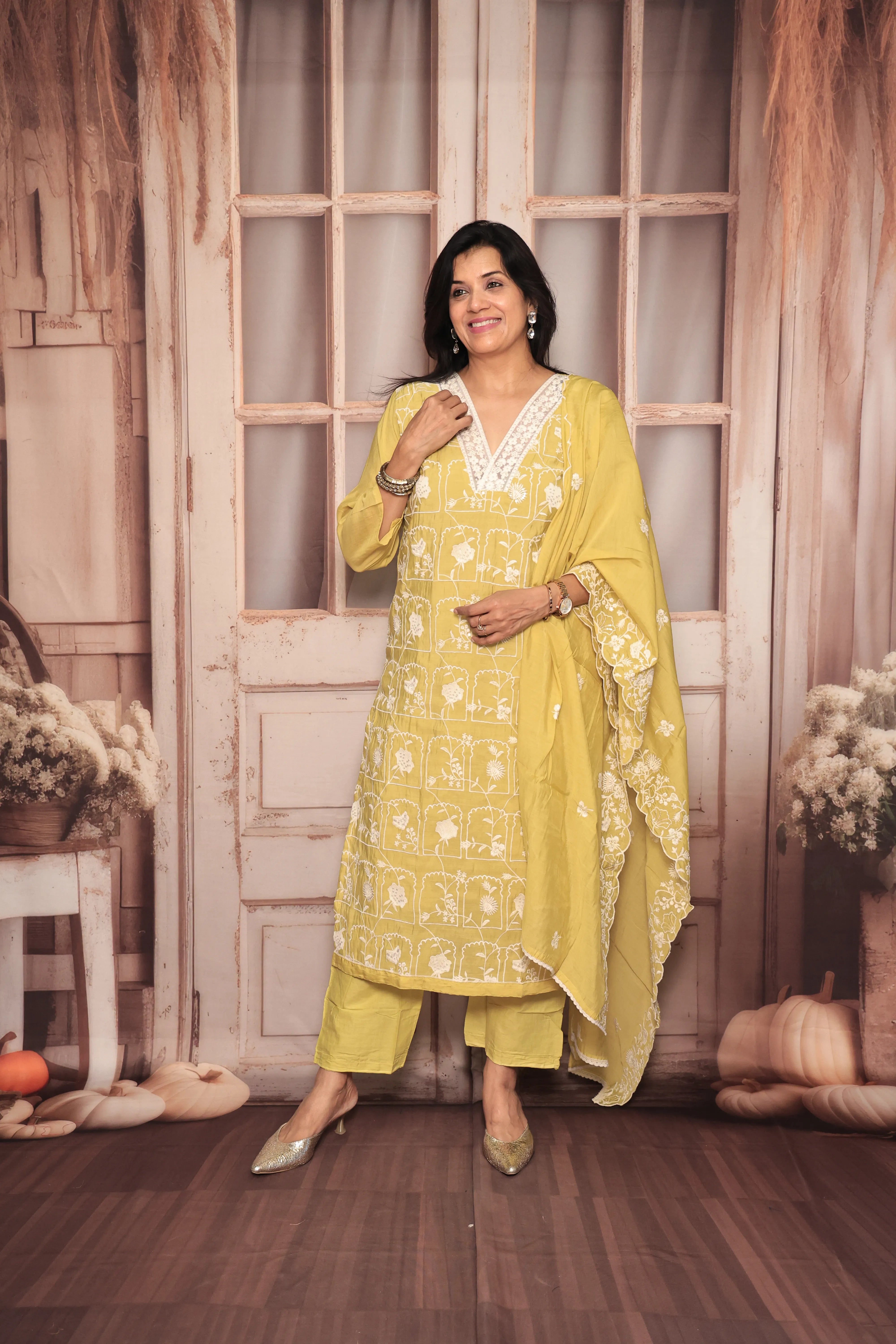 Lemon Yellow Thread Embroidery Kurta Pant Dupatta Set | Sequin & Thread Embroidery | Mul Chanderi
