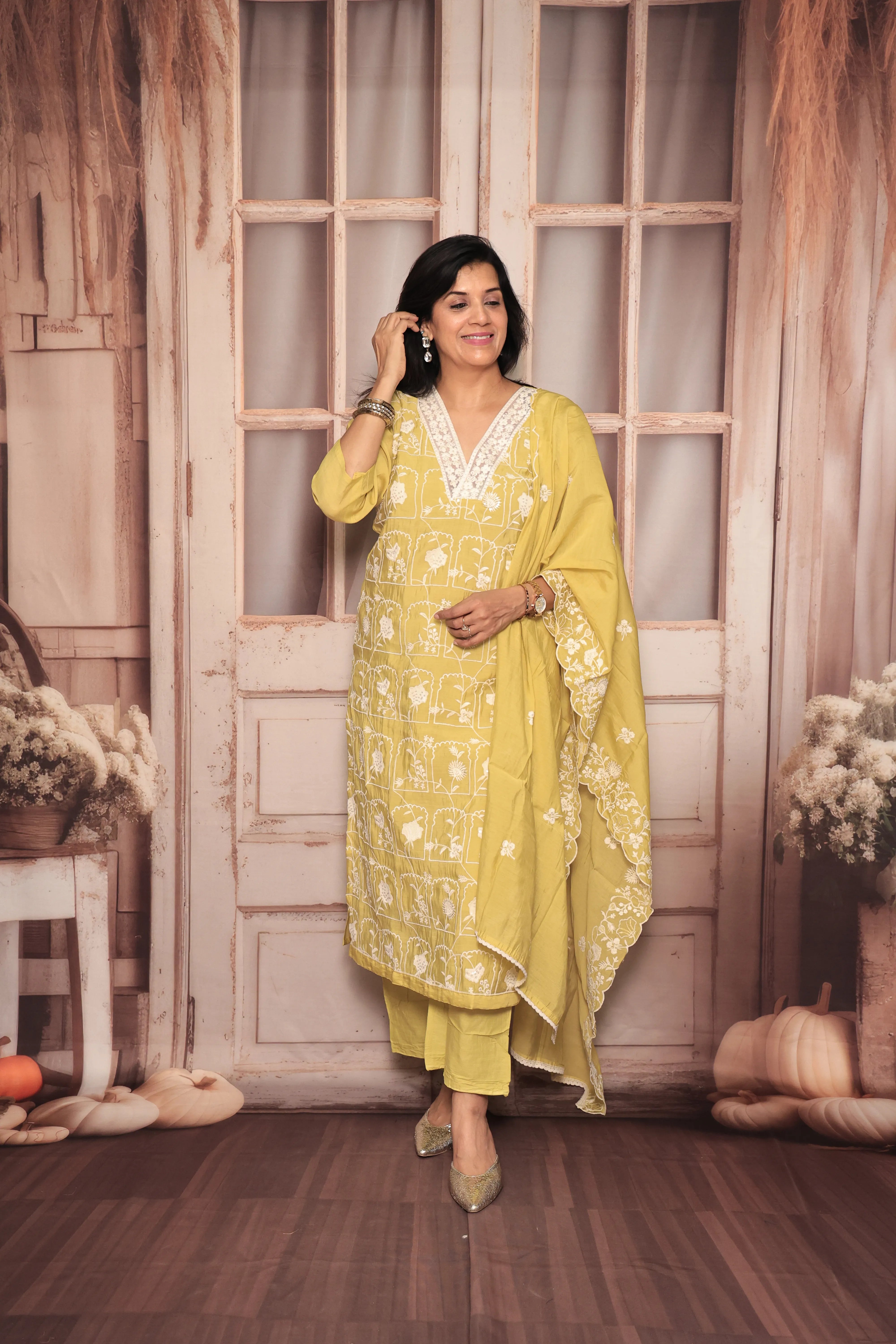 Lemon Yellow Thread Embroidery Kurta Pant Dupatta Set | Sequin & Thread Embroidery | Mul Chanderi