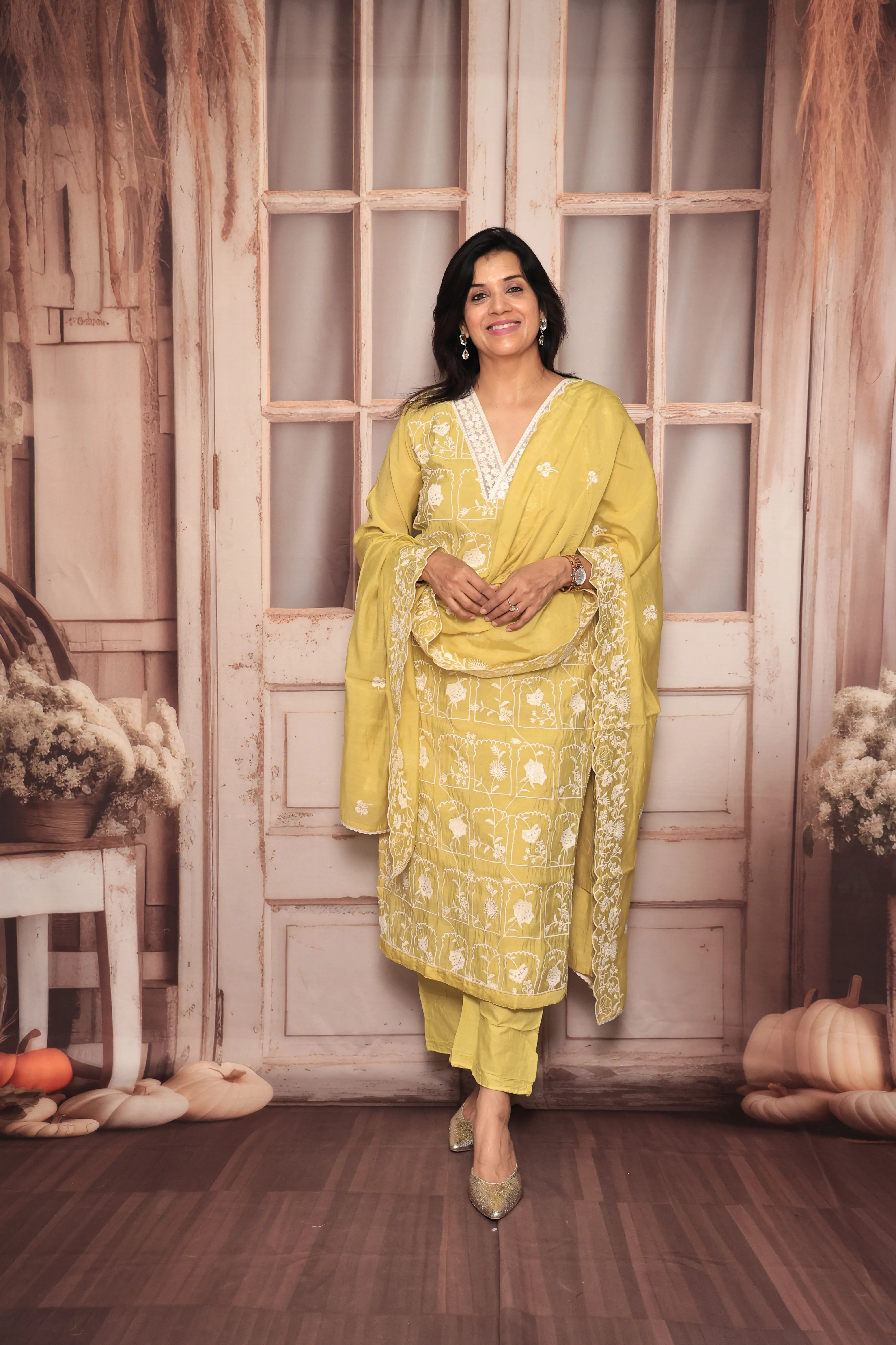 Lemon Yellow Thread Embroidery Kurta Pant Dupatta Set | Sequin & Thread Embroidery | Mul Chanderi