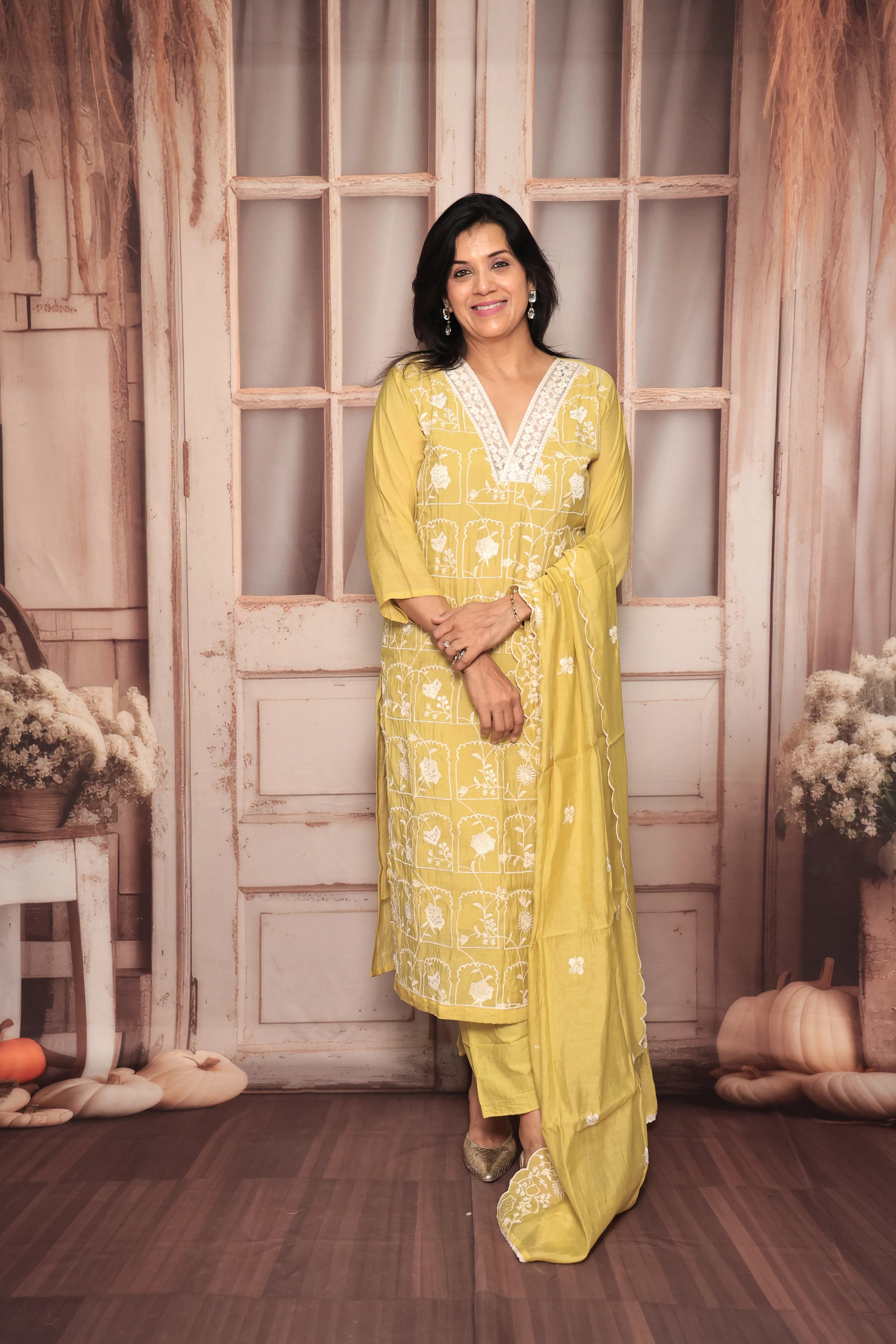 Lemon Yellow Thread Embroidery Kurta Pant Dupatta Set | Sequin & Thread Embroidery | Mul Chanderi