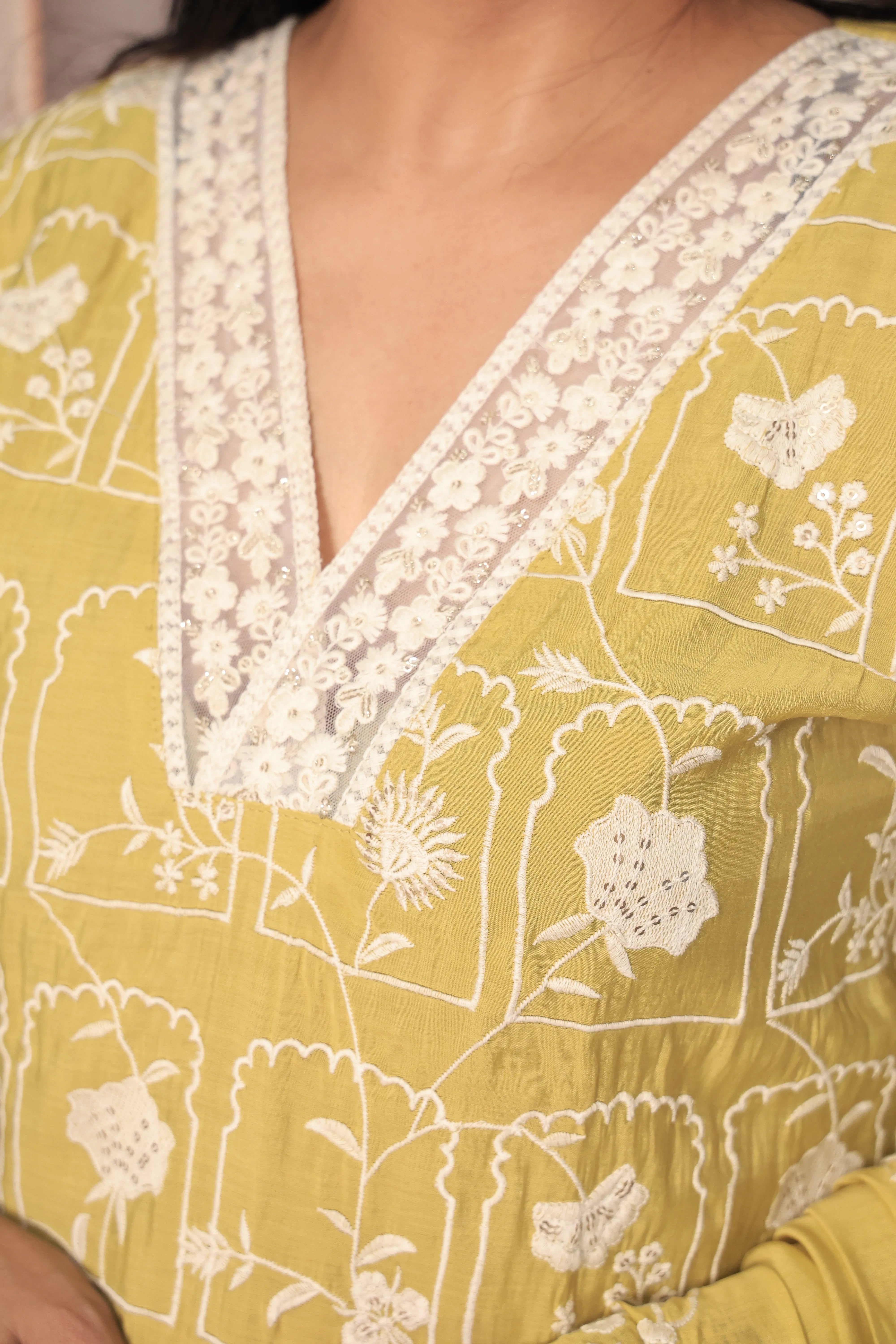 Lemon Yellow Thread Embroidery Kurta Pant Dupatta Set | Sequin & Thread Embroidery | Mul Chanderi