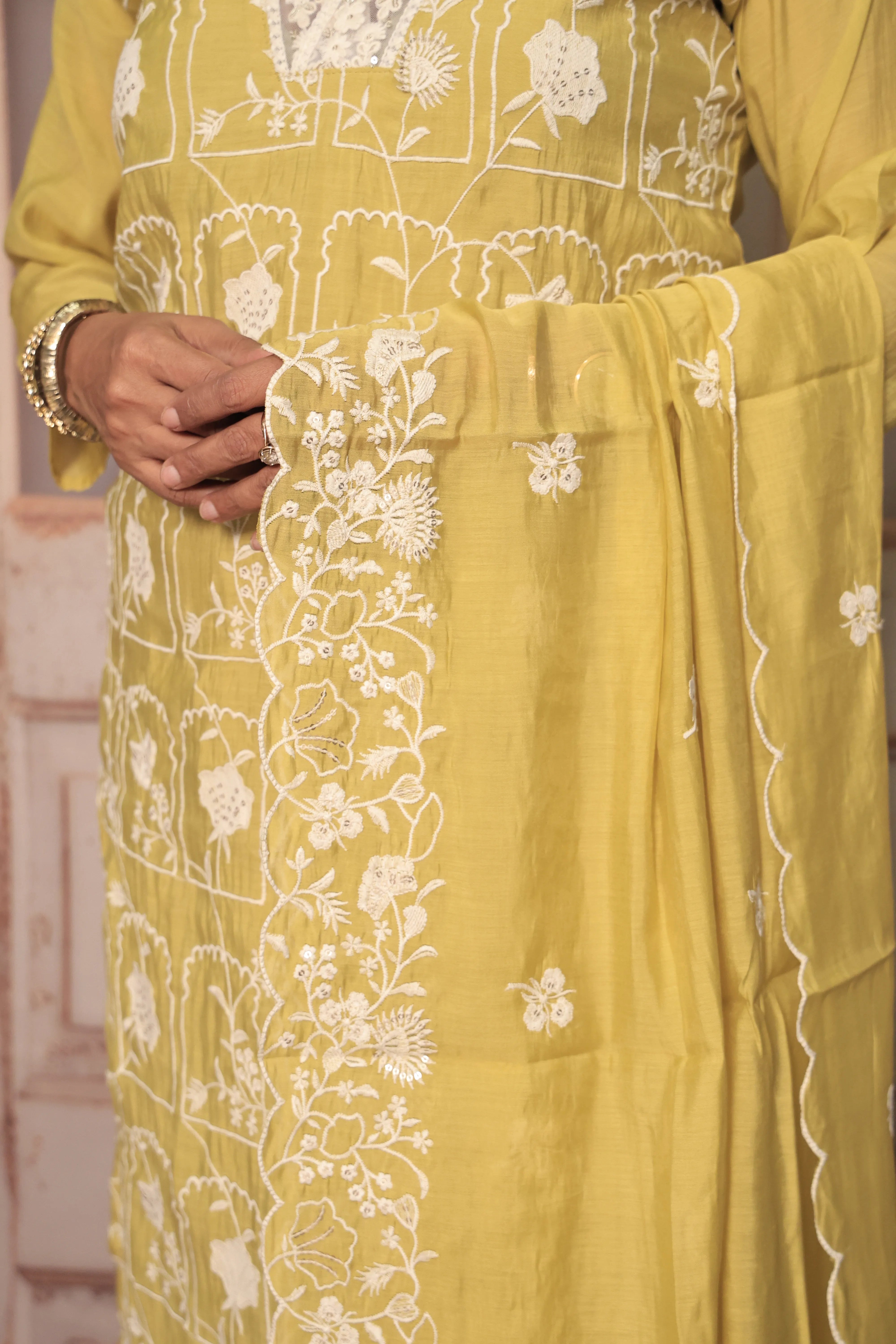 Lemon Yellow Thread Embroidery Kurta Pant Dupatta Set | Sequin & Thread Embroidery | Mul Chanderi