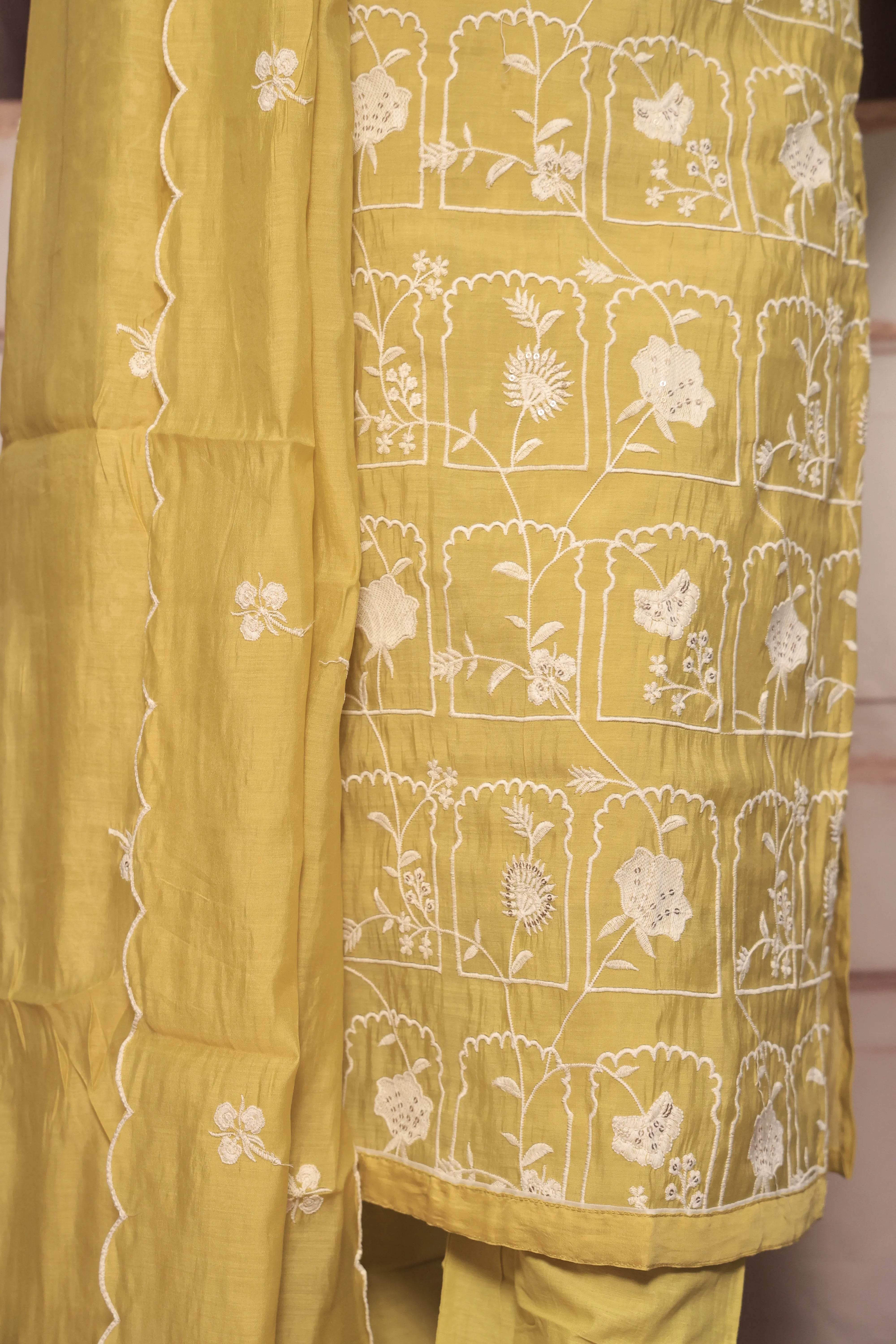 Lemon Yellow Thread Embroidery Kurta Pant Dupatta Set | Sequin & Thread Embroidery | Mul Chanderi