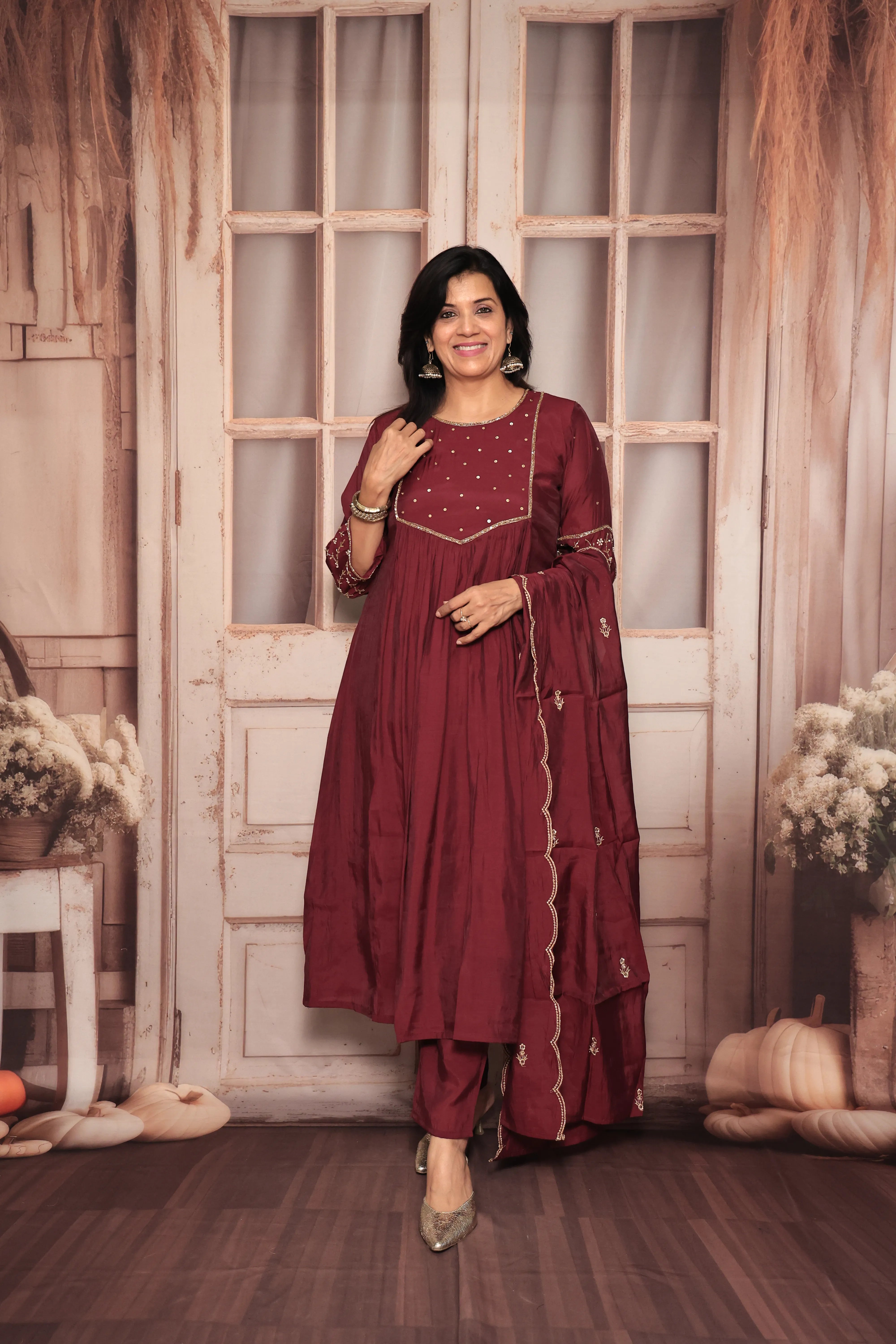 Wine A-Line Kurta Pant Dupatta Set | Yoke Pearl & Sequin Embroidery | Mul Chanderi