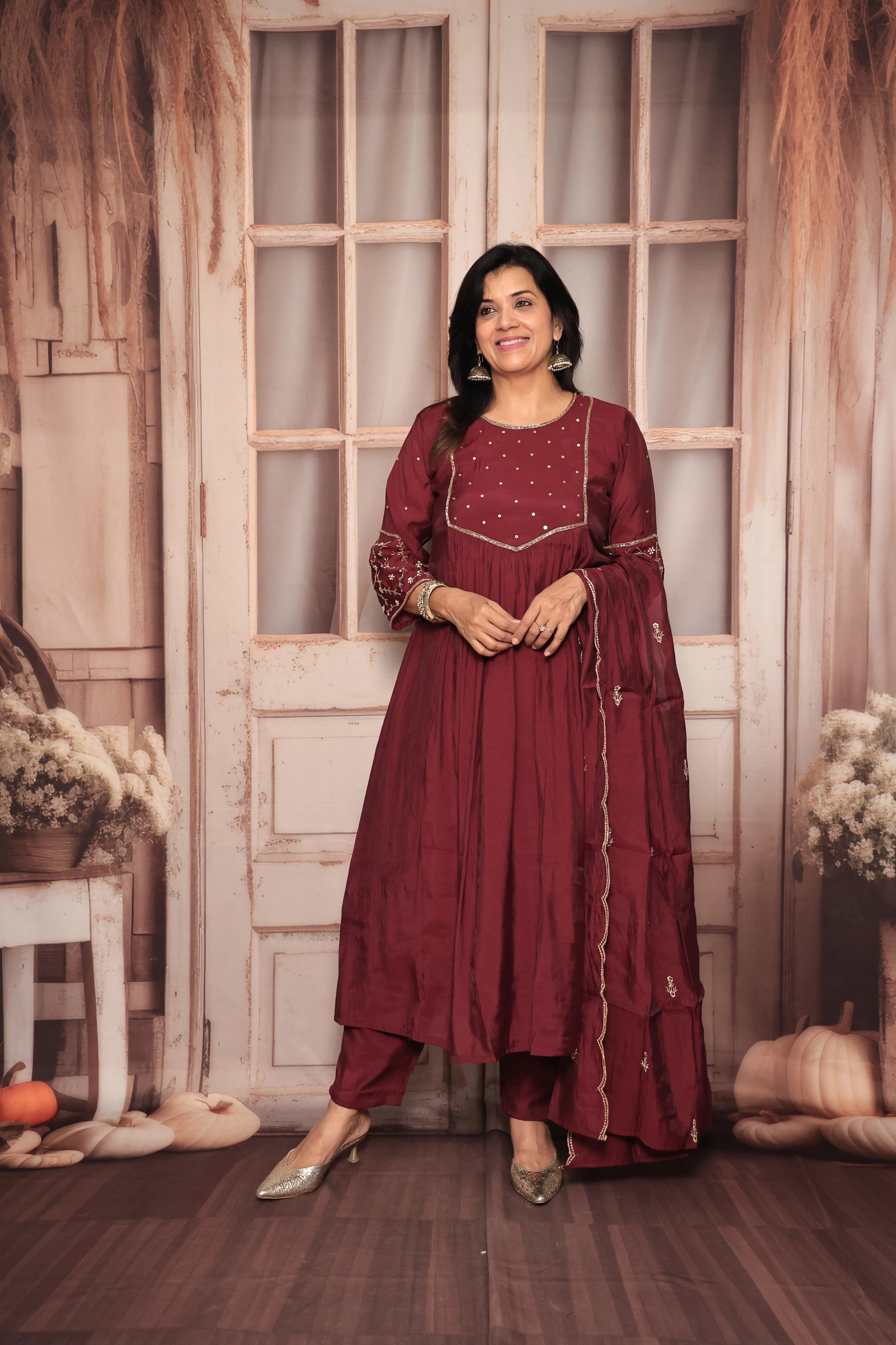 Wine A-Line Kurta Pant Dupatta Set | Yoke Pearl & Sequin Embroidery | Mul Chanderi