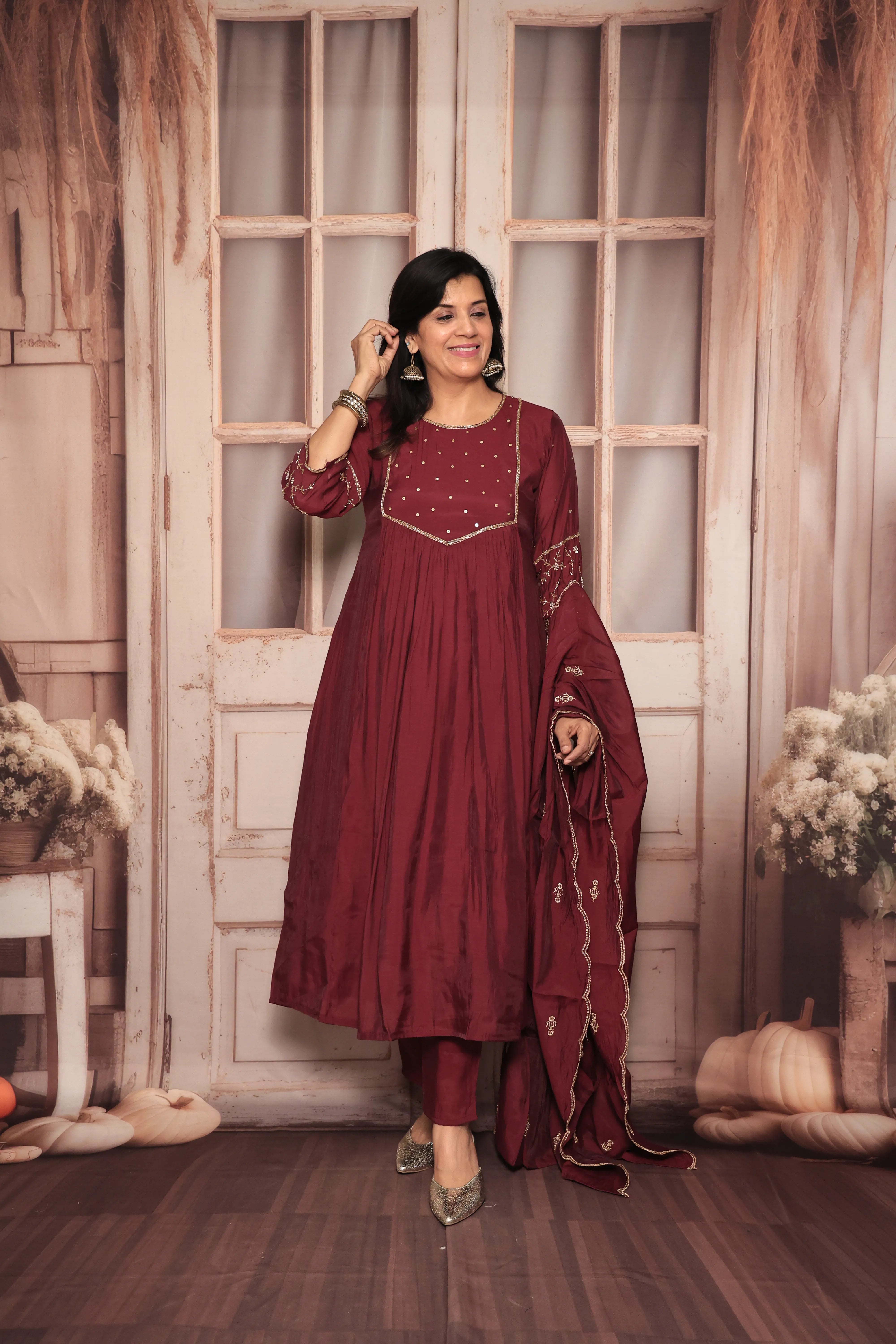 Wine A-Line Kurta Pant Dupatta Set | Yoke Pearl & Sequin Embroidery | Mul Chanderi