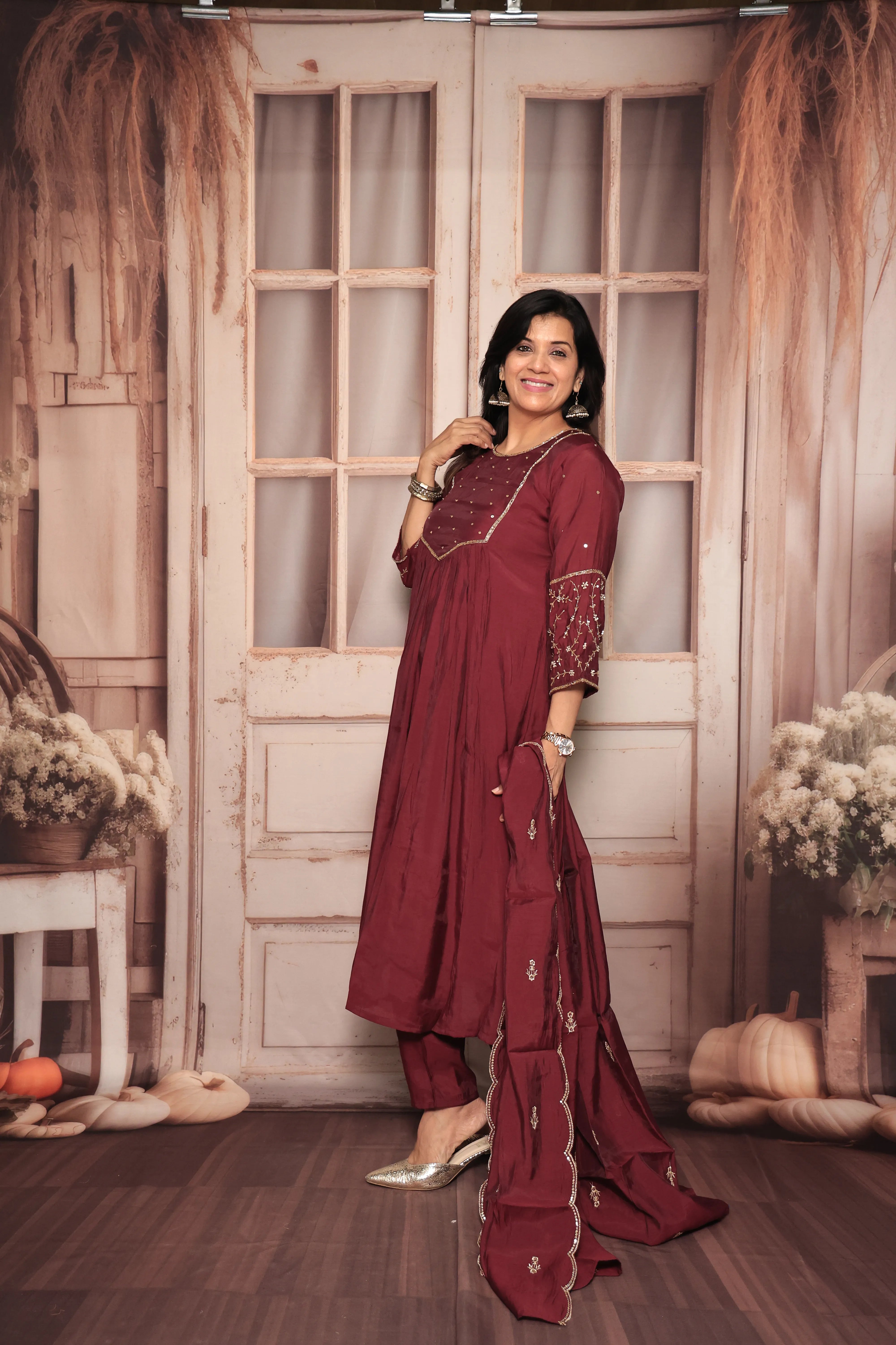 Wine A-Line Kurta Pant Dupatta Set | Yoke Pearl & Sequin Embroidery | Mul Chanderi