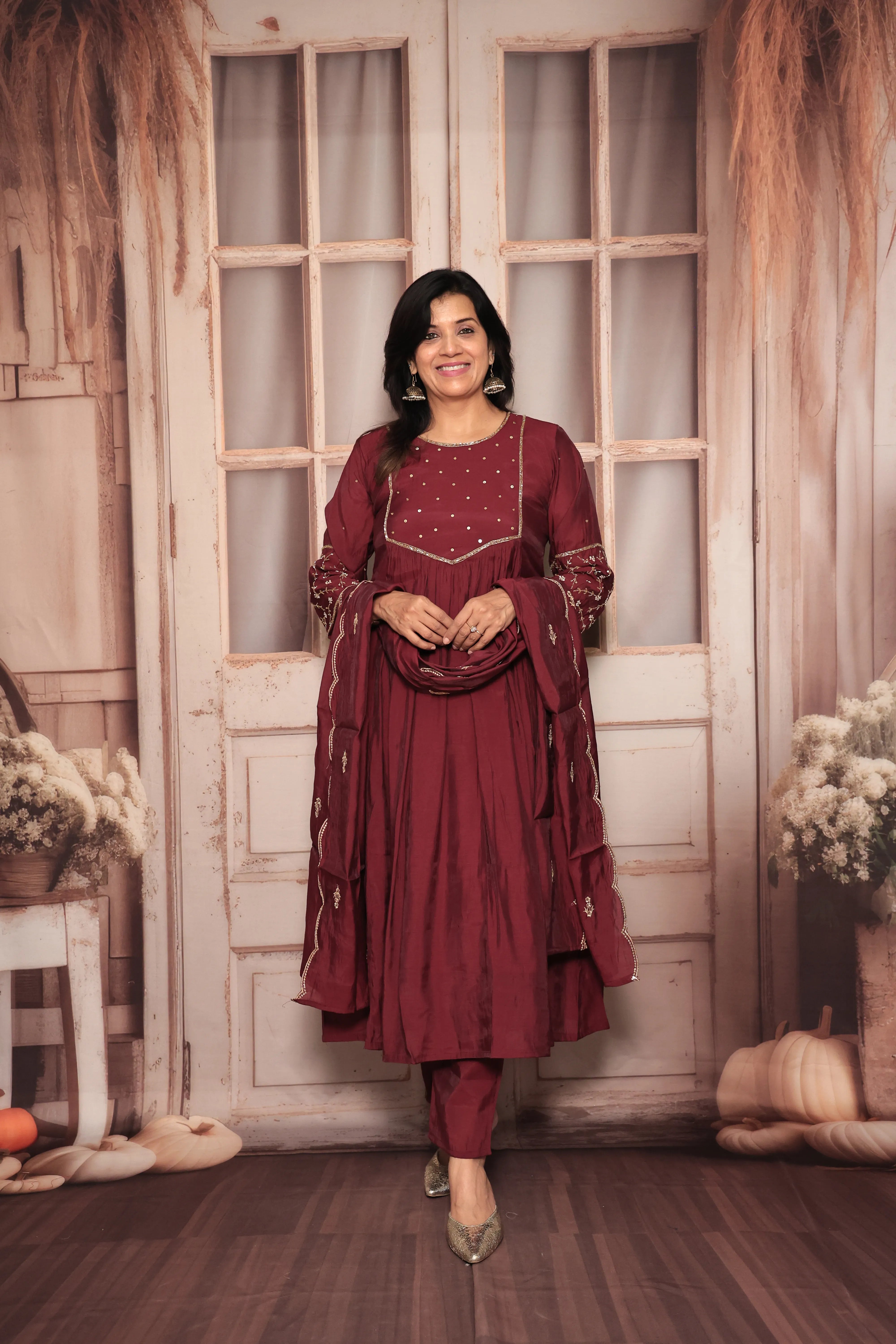 Wine A-Line Kurta Pant Dupatta Set | Yoke Pearl & Sequin Embroidery | Mul Chanderi
