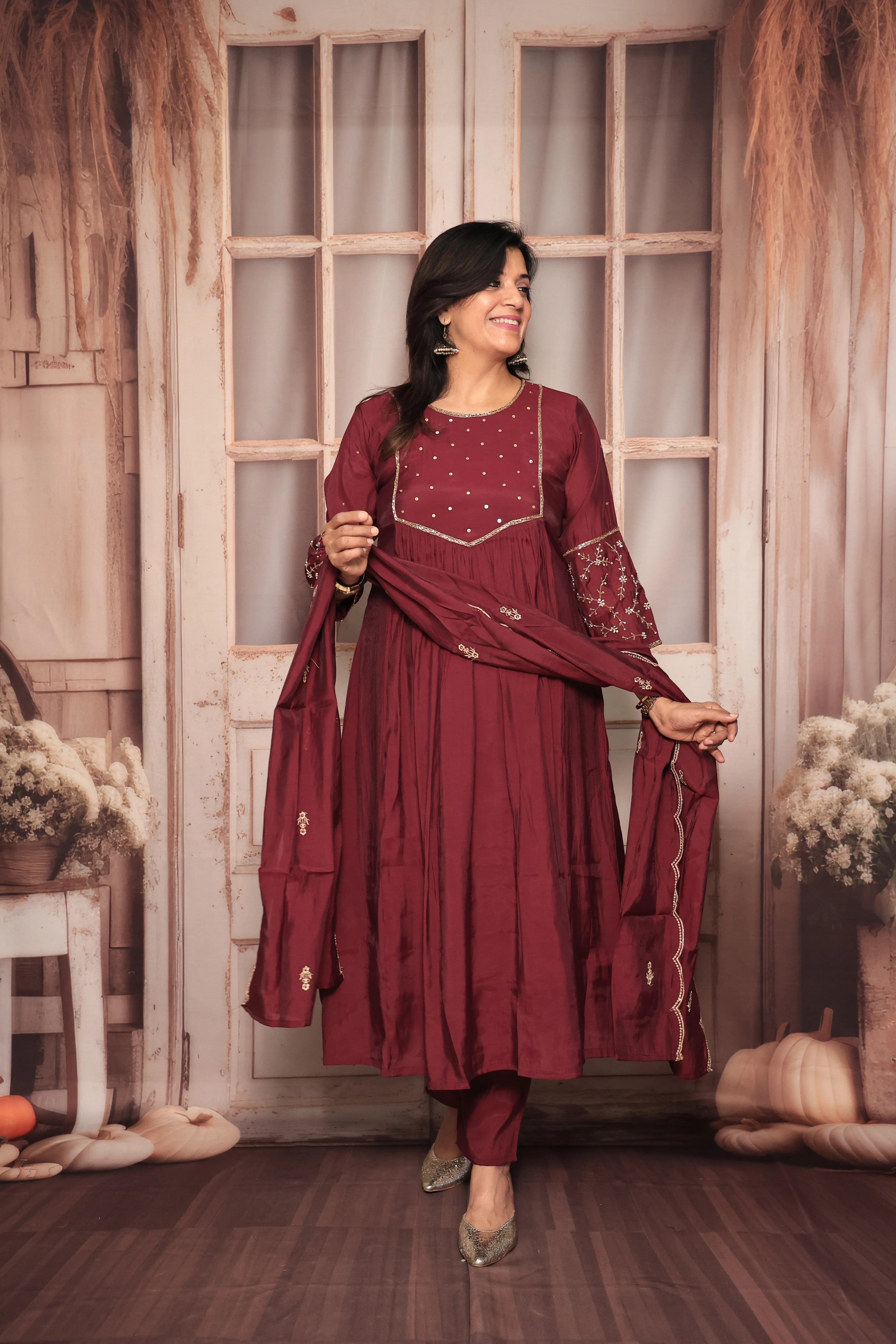 Wine A-Line Kurta Pant Dupatta Set | Yoke Pearl & Sequin Embroidery | Mul Chanderi
