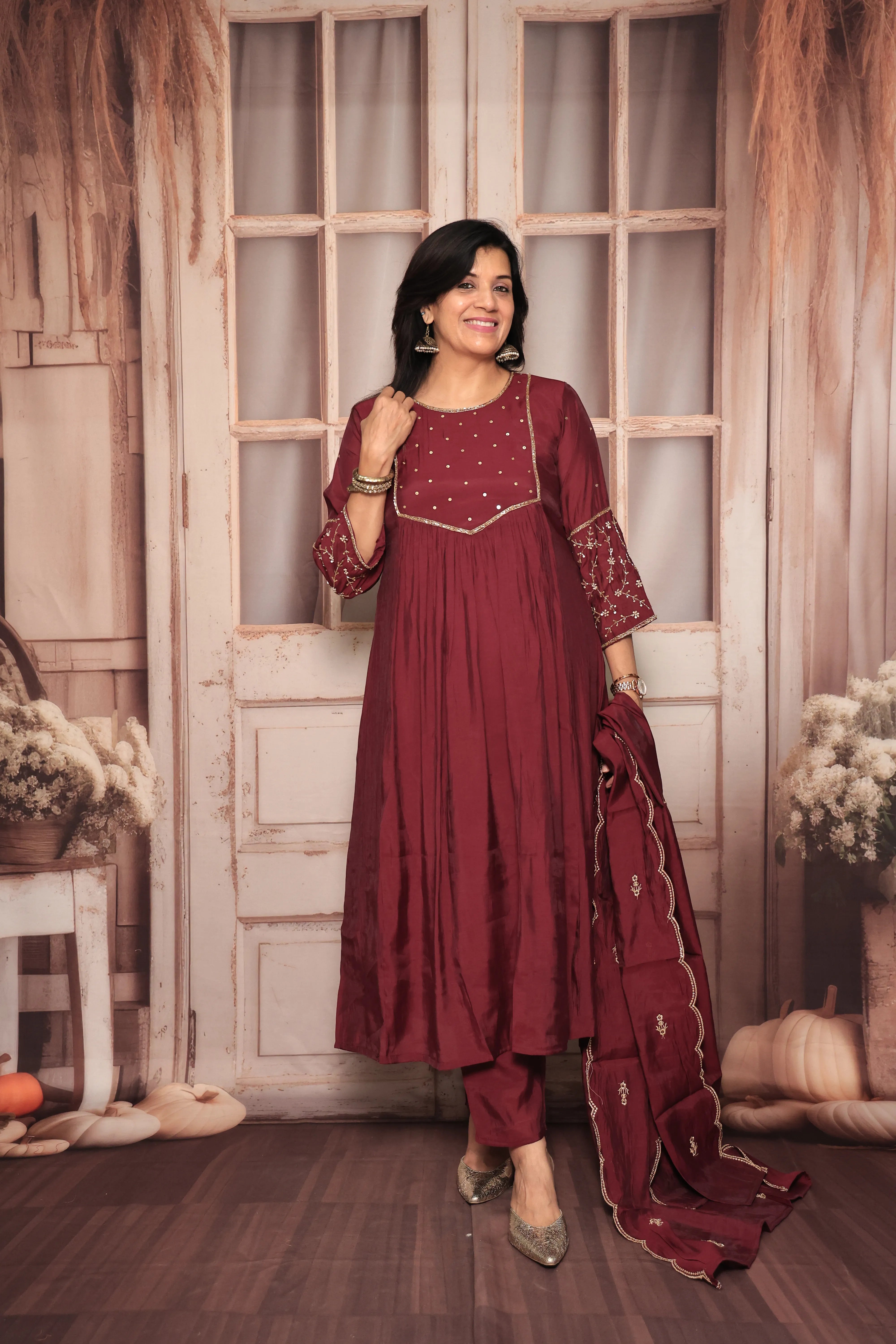 Wine A-Line Kurta Pant Dupatta Set | Yoke Pearl & Sequin Embroidery | Mul Chanderi