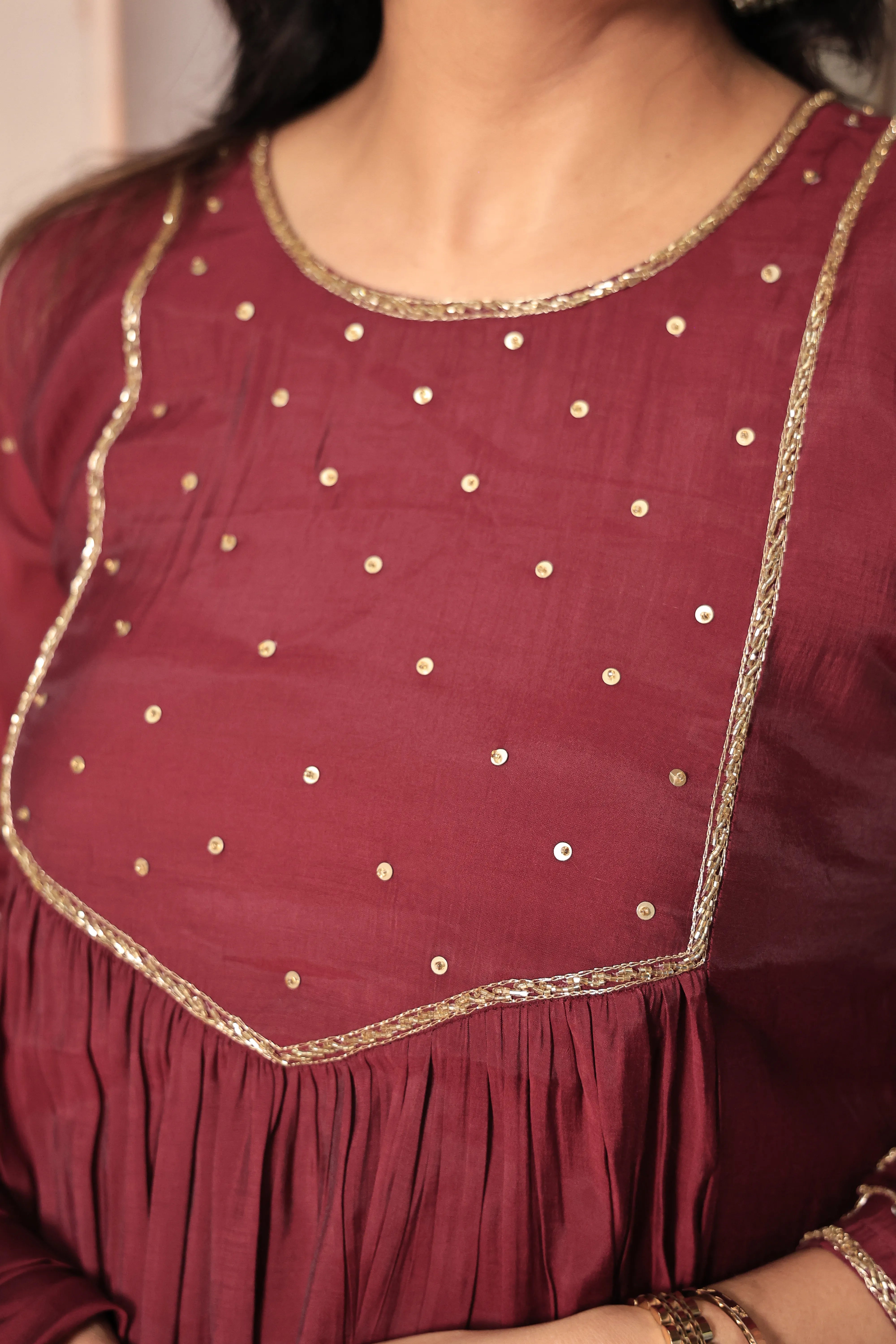 Wine A-Line Kurta Pant Dupatta Set | Yoke Pearl & Sequin Embroidery | Mul Chanderi