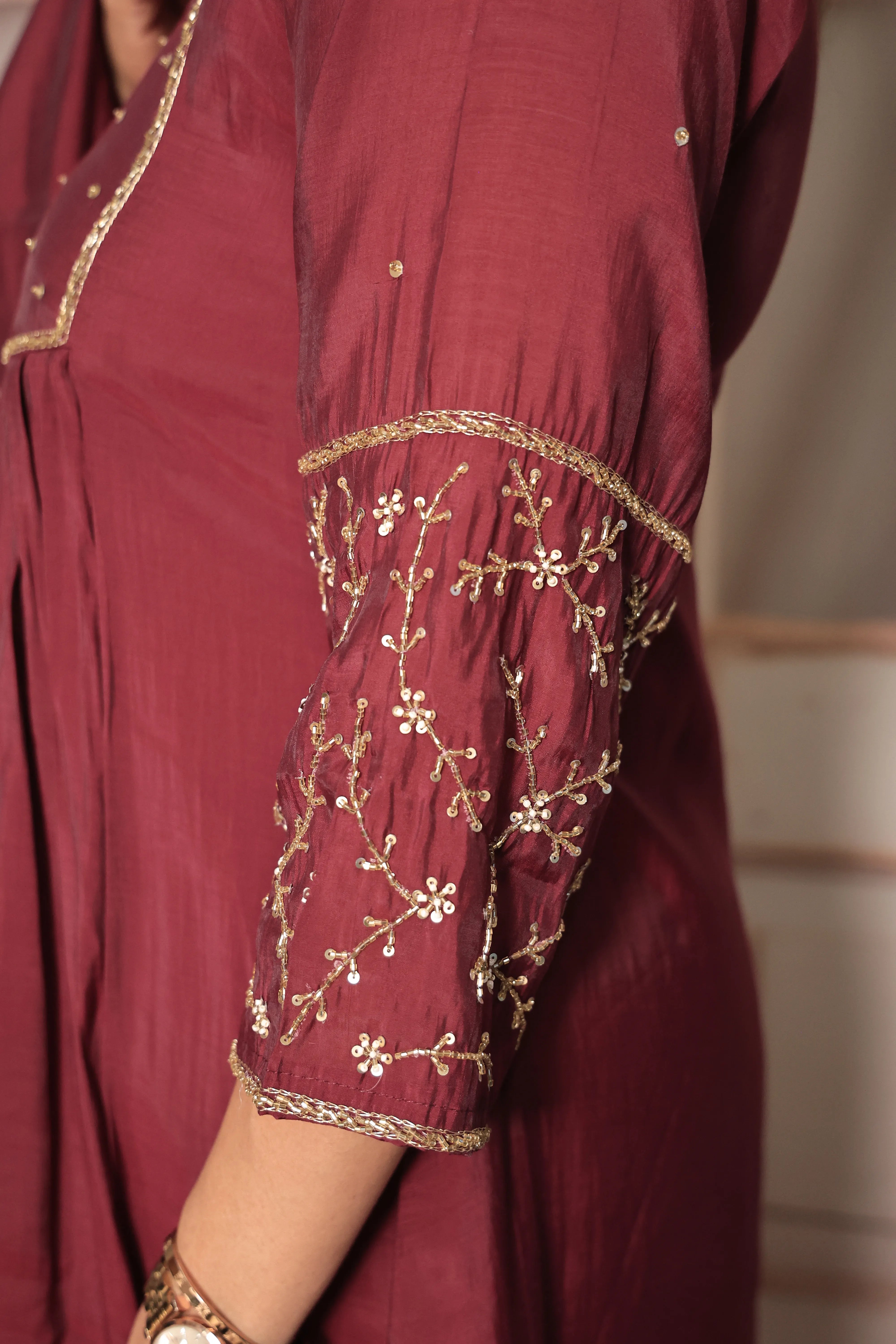 Wine A-Line Kurta Pant Dupatta Set | Yoke Pearl & Sequin Embroidery | Mul Chanderi