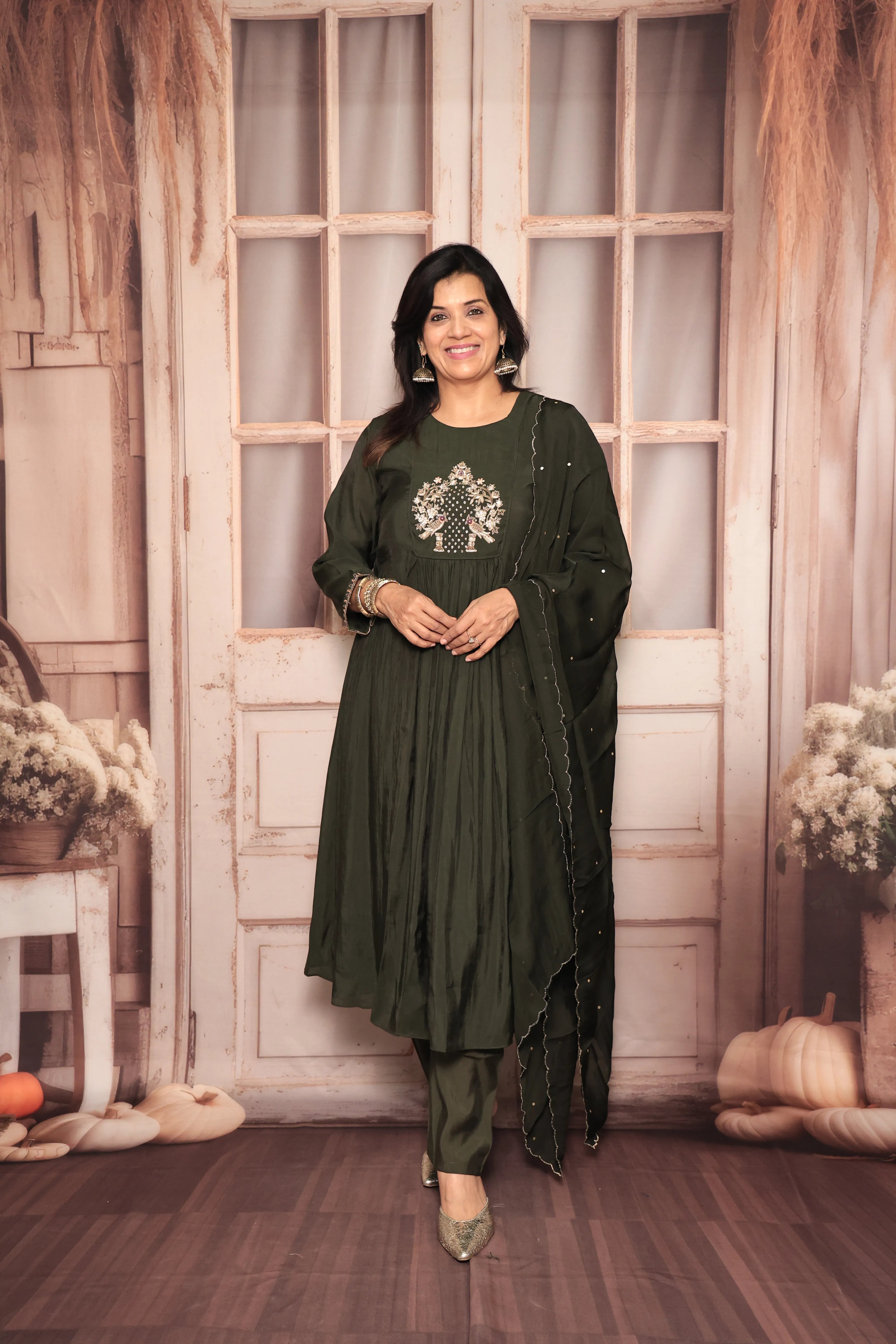 Dark Olive A-Line Kurta Pant Dupatta Set | Zardozi Embroidery | Pure Mul Chanderi