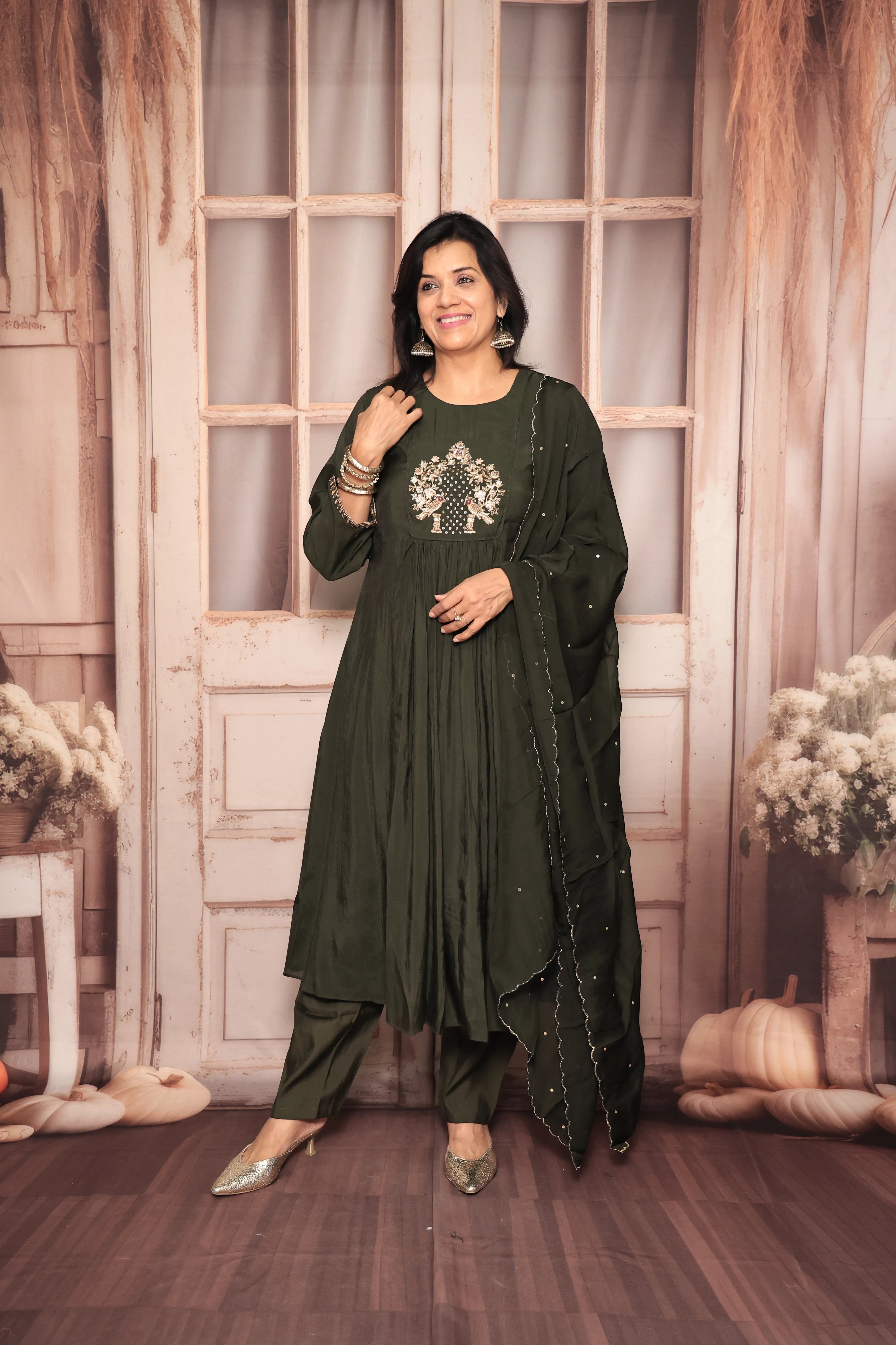 Dark Olive A-Line Kurta Pant Dupatta Set | Zardozi Embroidery | Pure Mul Chanderi