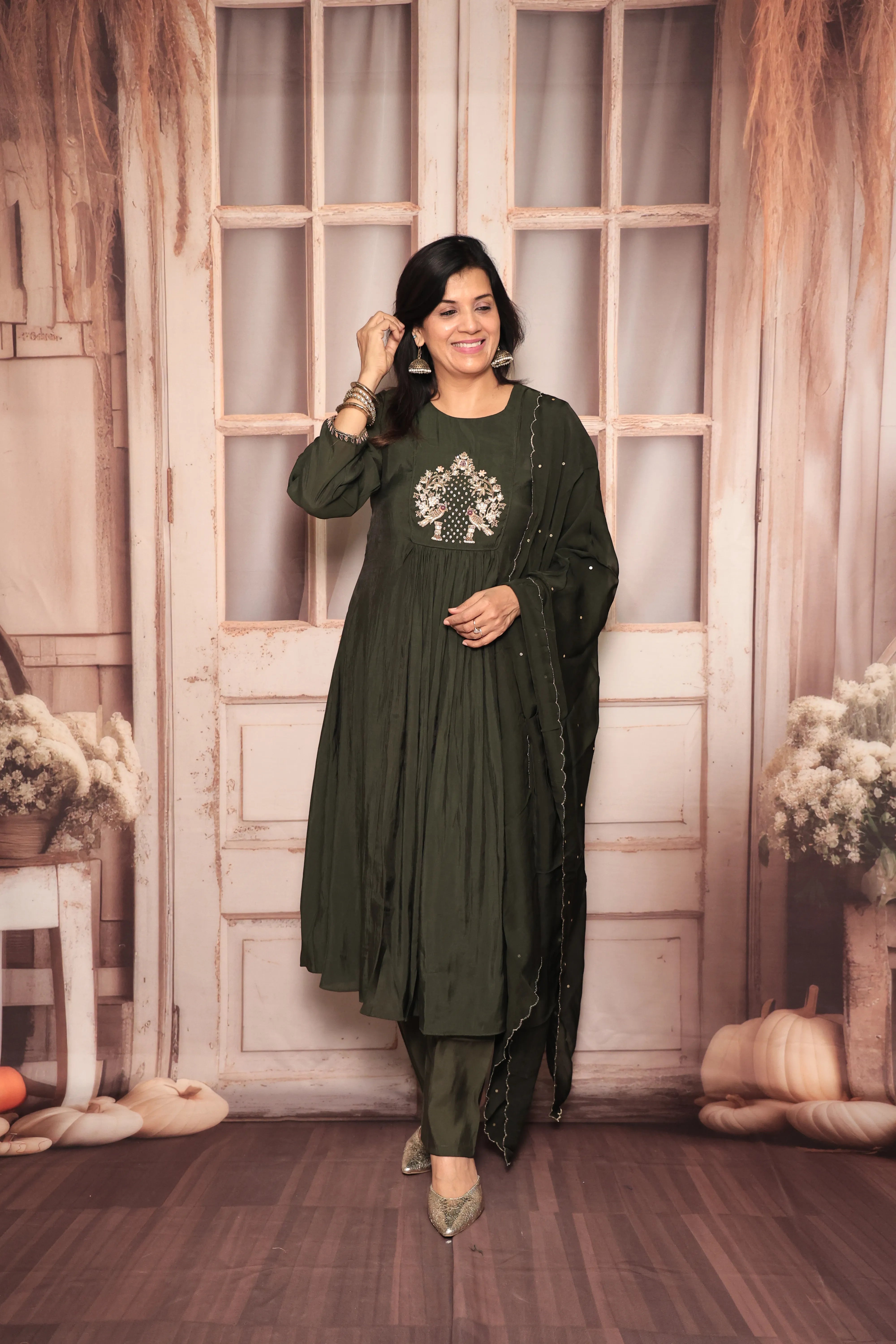 Dark Olive A-Line Kurta Pant Dupatta Set | Zardozi Embroidery | Pure Mul Chanderi