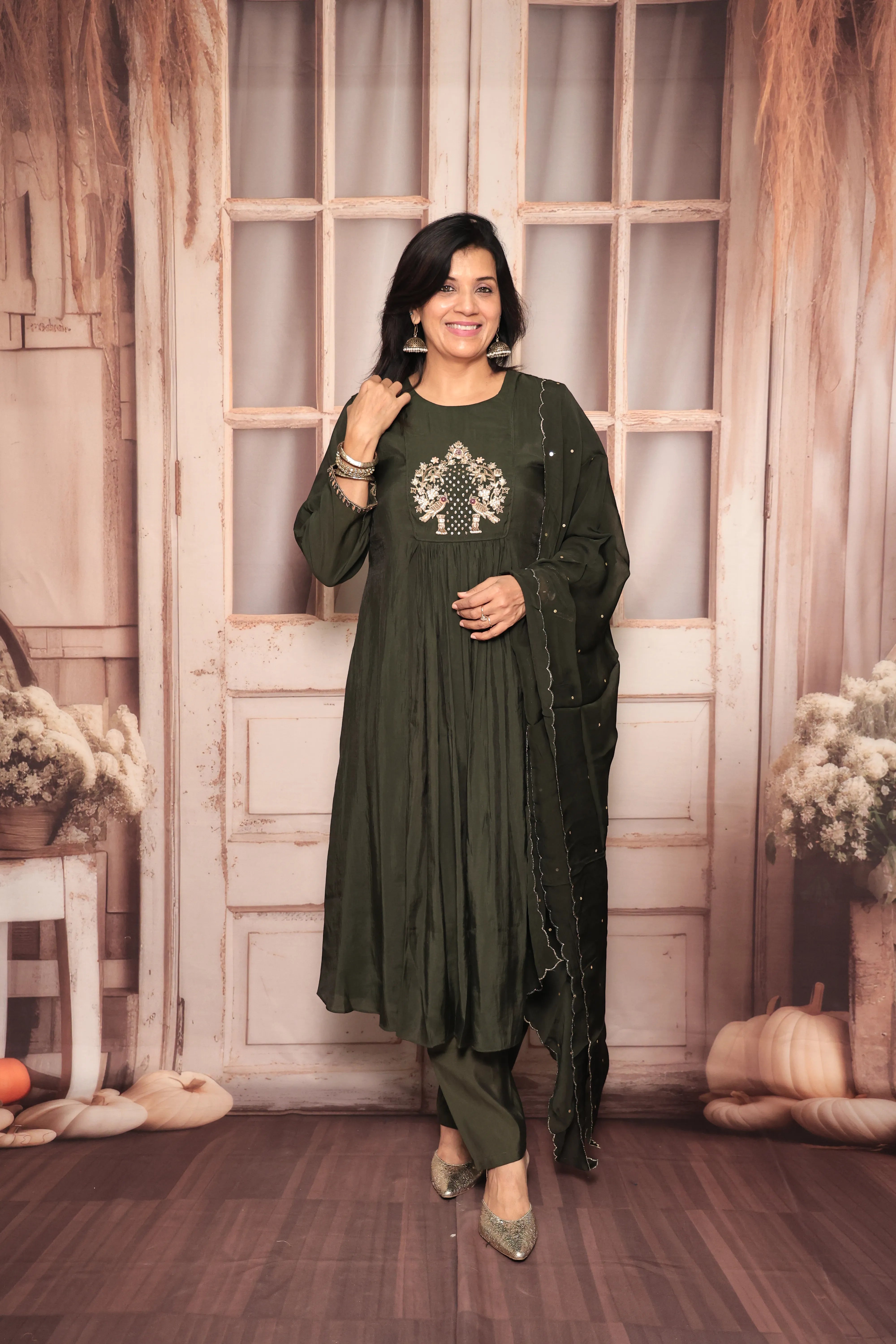 Dark Olive A-Line Kurta Pant Dupatta Set | Zardozi Embroidery | Pure Mul Chanderi