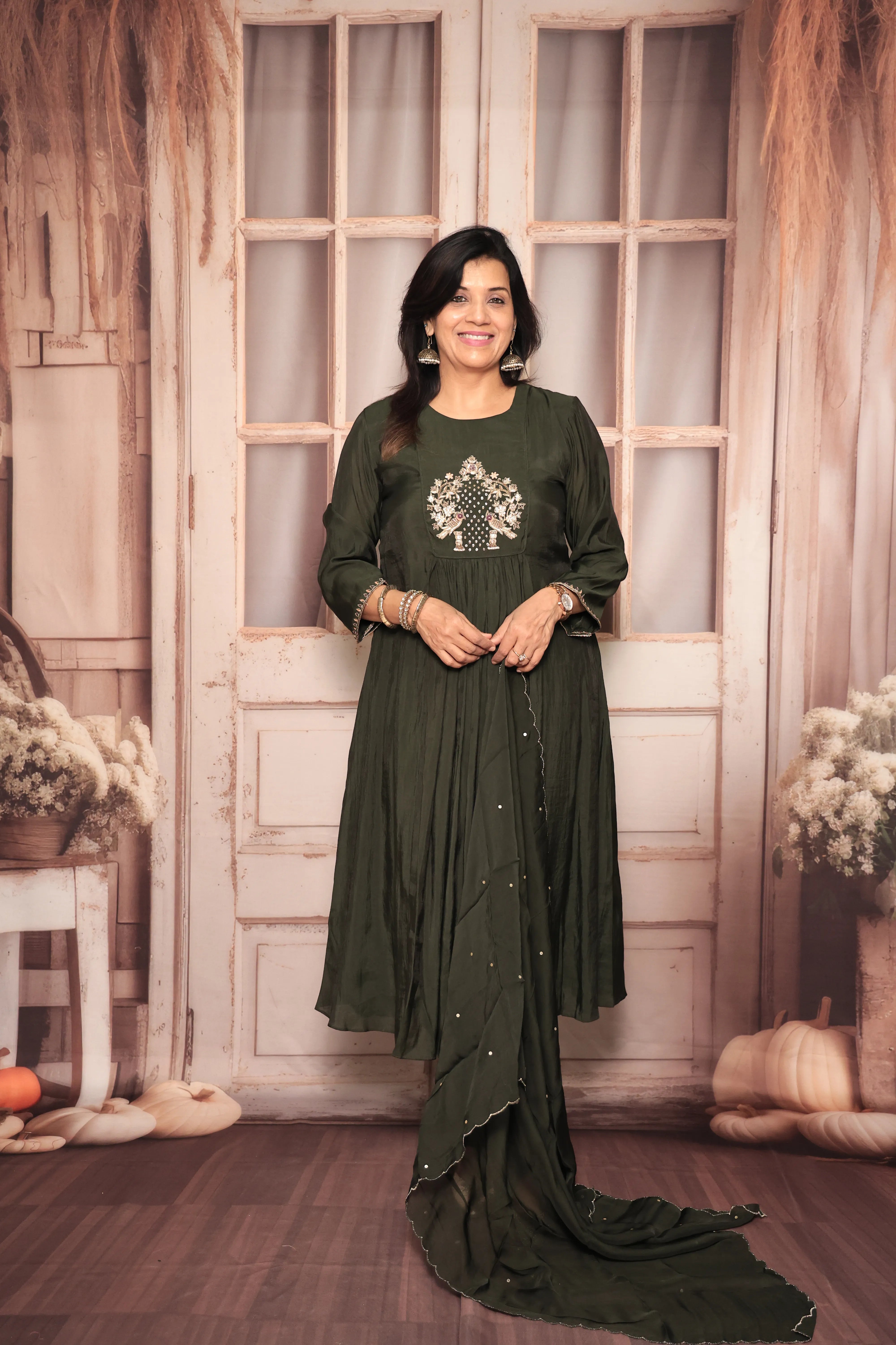 Dark Olive A-Line Kurta Pant Dupatta Set | Zardozi Embroidery | Pure Mul Chanderi