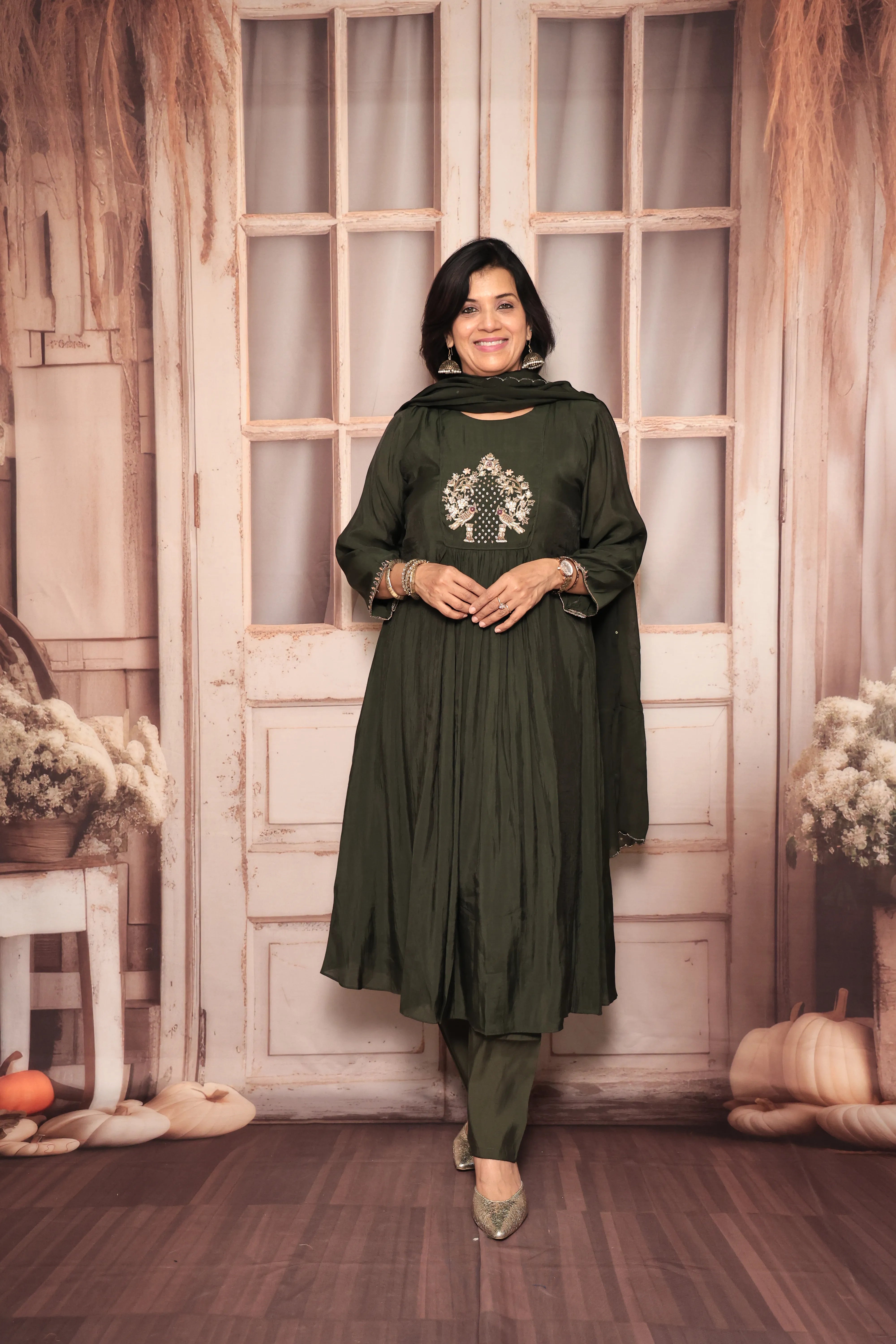 Dark Olive A-Line Kurta Pant Dupatta Set | Zardozi Embroidery | Pure Mul Chanderi