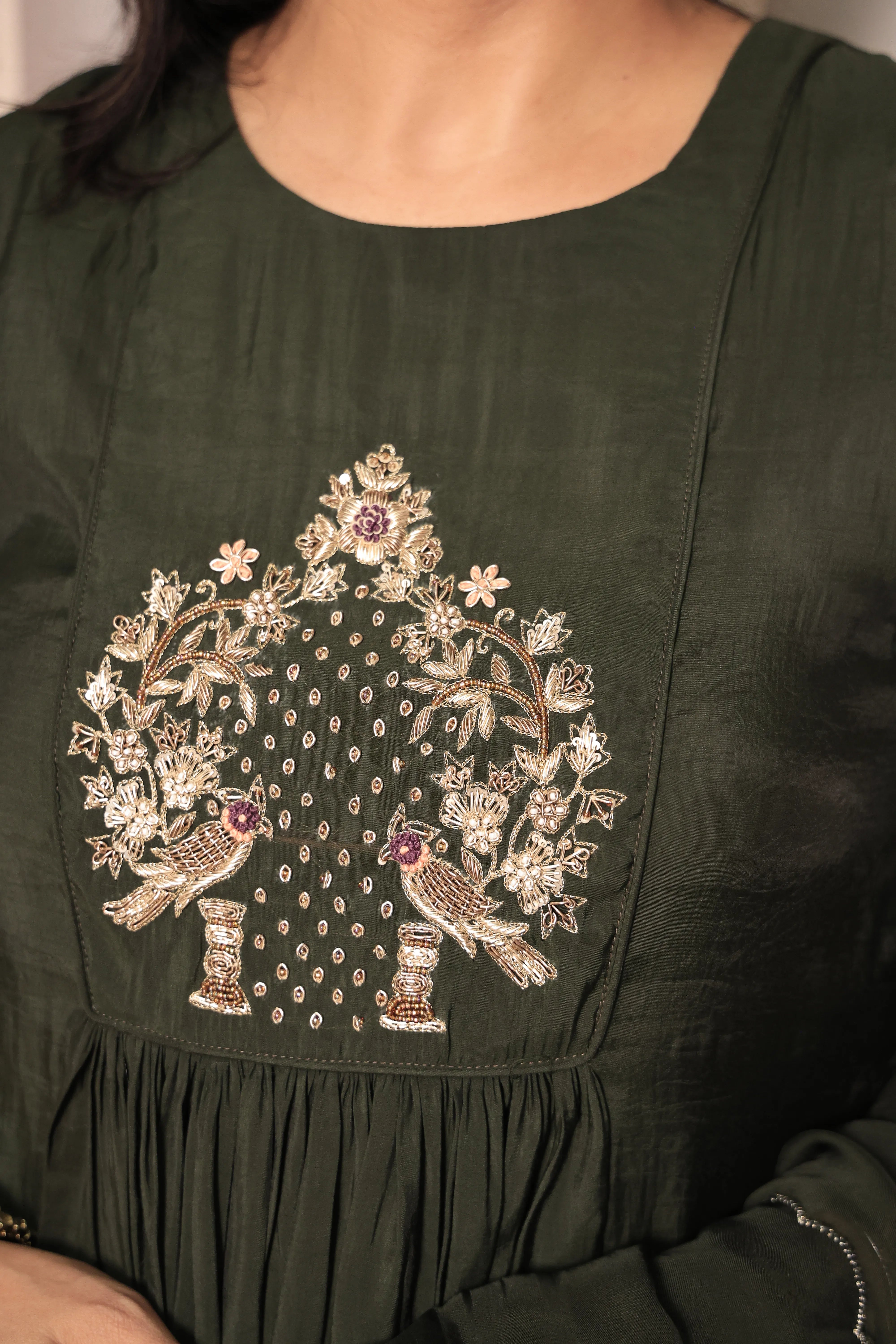 Dark Olive A-Line Kurta Pant Dupatta Set | Zardozi Embroidery | Pure Mul Chanderi